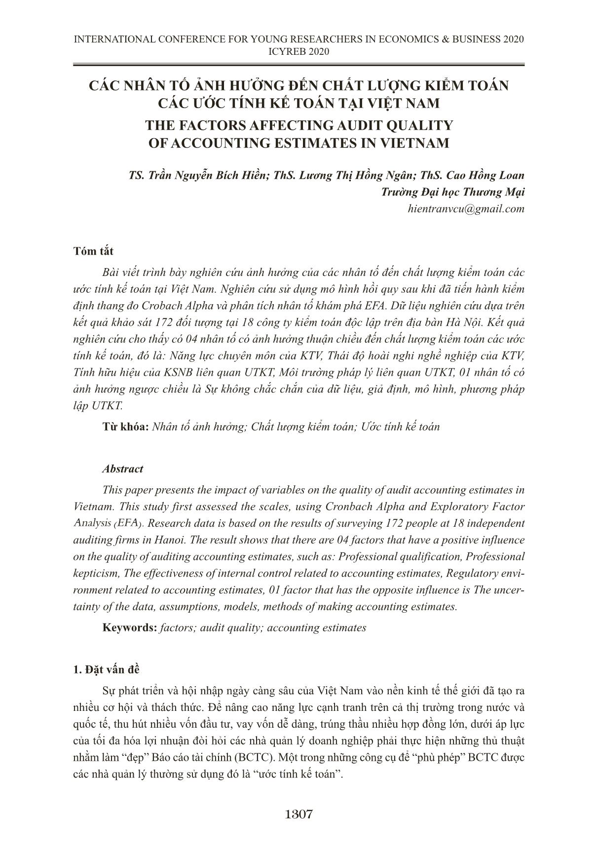 Các nhân tố ảnh hưởng đến chất lượng kiểm toán các ước tính kế toán tại Việt Nam trang 1