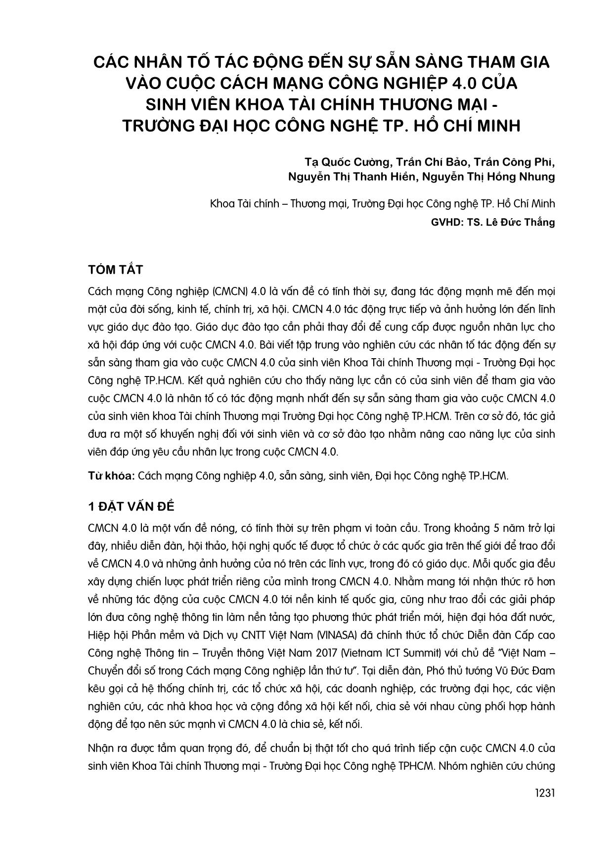 Các nhân tố tác động đến sự sẵn sàng tham gia vào cuộc cách mạng công nghiệp 4.0 của sinh viên khoa tài chính thương mại - Trường đại học công nghệ thành phố Hồ Chí Minh trang 1