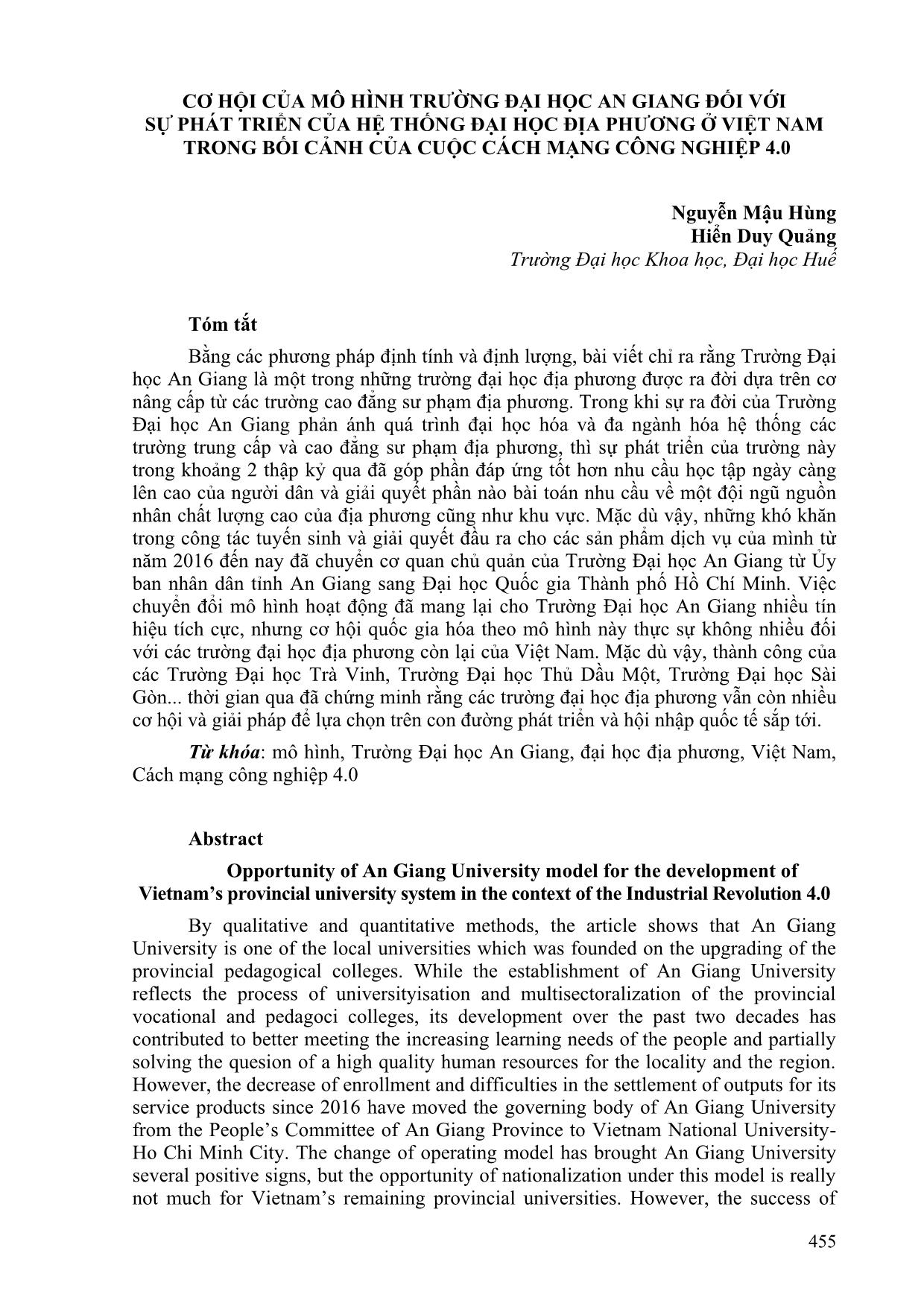 Cơ hội của mô hình trường Đại học An Giang đối với sự phát triển của hệ thống đại học địa phương ở Việt Nam trong bối cảnh của cuộc cách mạng công nghiệp 4.0 trang 1