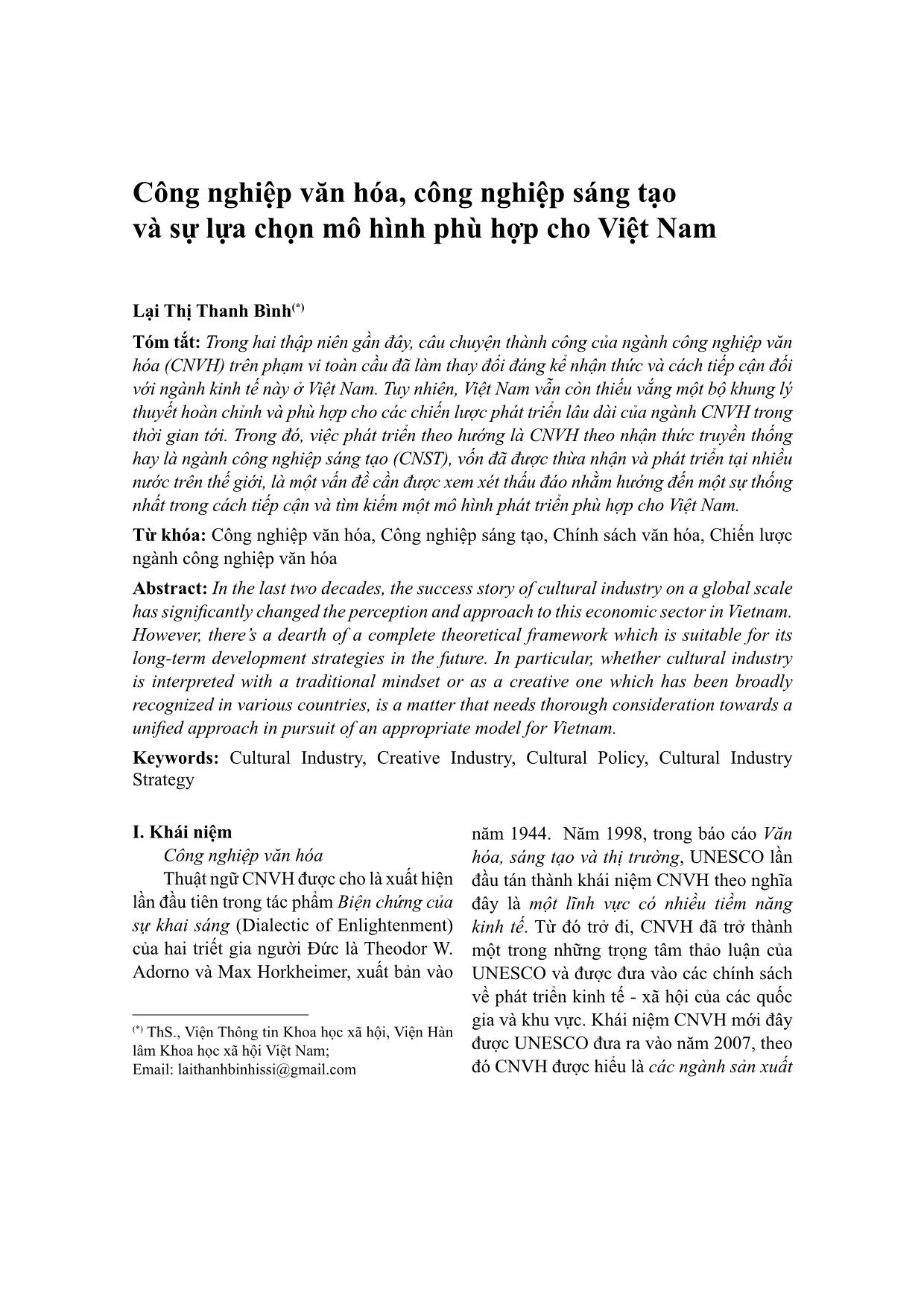 Công nghiệp văn hóa, công nghiệp sáng tạo và sự lựa chọn mô hình phù hợp cho Việt Nam trang 1