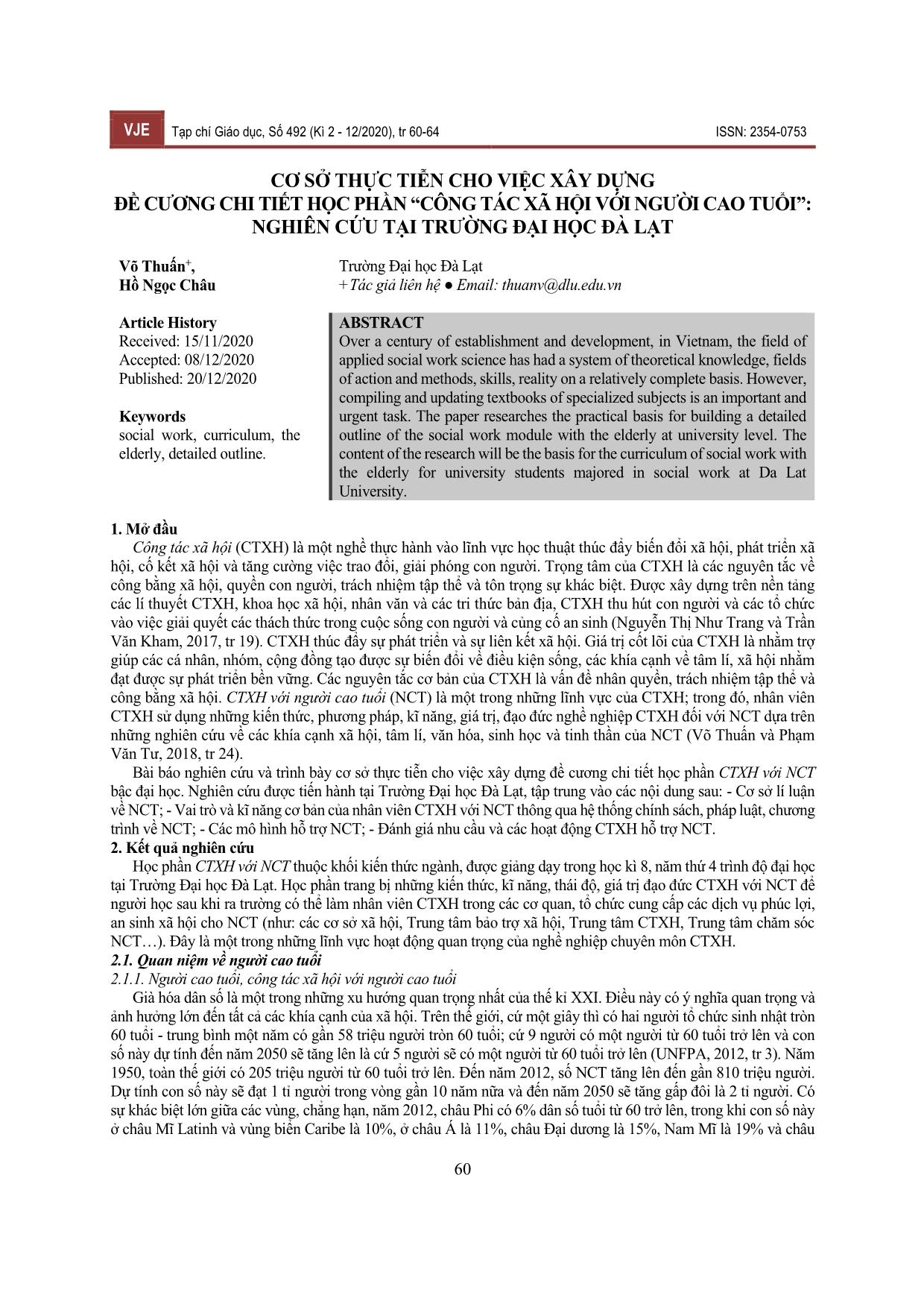 Cơ sở thực tiễn cho việc xây dựng đề cương chi tiết học phần “Công tác xã hội với người cao tuổi”: Nghiên cứu tại trường Đại học Đà Lạt trang 1
