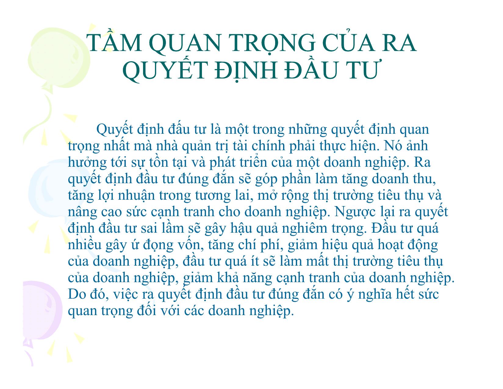 Bài giảng Đầu tư và hoạch định ngân quỹ đầu tư - Ngô Quang Huân trang 5