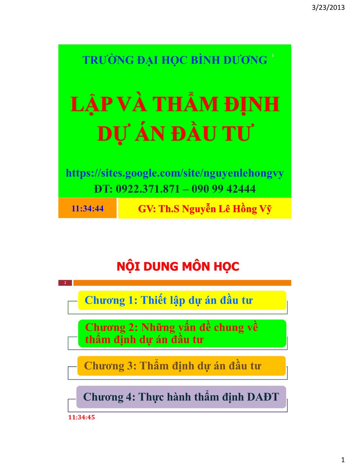 Bài giảng Lập và thẩm định dự án đầu tư - Nguyễn Lê Hồng Vỹ trang 1