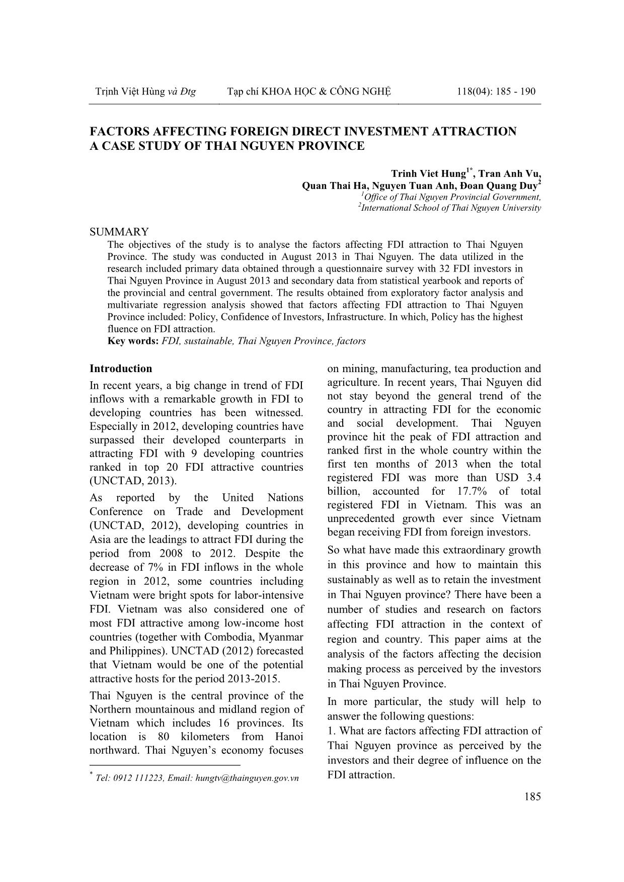 Factors affecting foreign direct investment attraction a case study of Thai Nguyen province trang 1