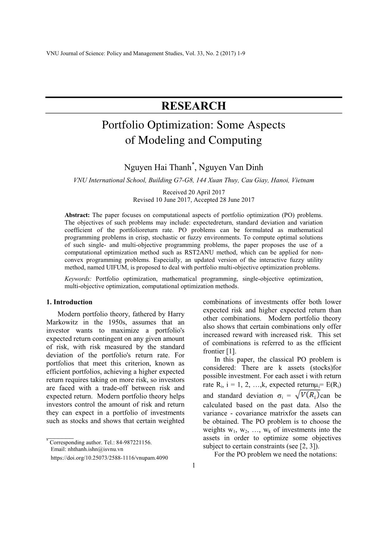 Portfolio optimization: Some aspects of modeling and computing trang 1