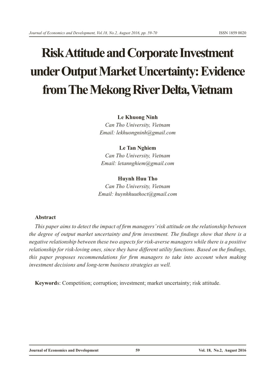 Risk attitude and corporate investment under output market uncertainty: Evidence from the Me Kong river delta, Viet Nam trang 1