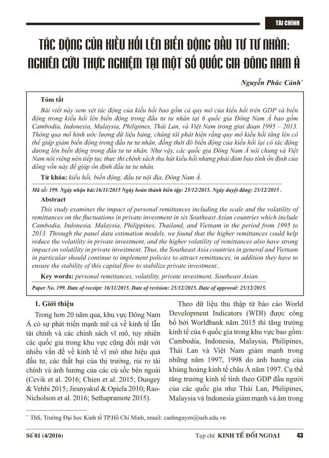 Tác động của kiều hối lên biến động đầu tư tư nhân: Nghiên cứu thực nghiệm tại một số quốc gia Đông Nam Á trang 1