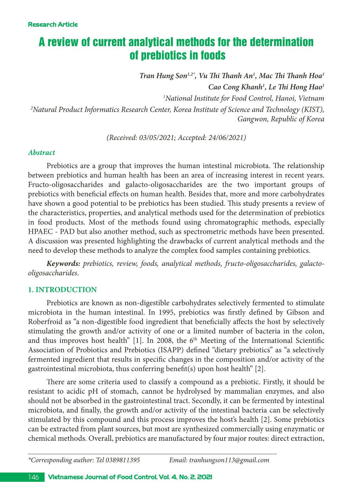 A review of current analytical methods for the determination of prebiotics in foods trang 1