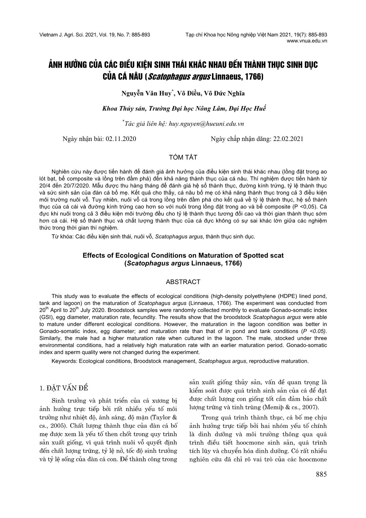 Ảnh hưởng của các điều kiện sinh thái khác nhau đến thành thục sinh dục của cá nâu (Scatophagus argus linnaeus, 1766) trang 1