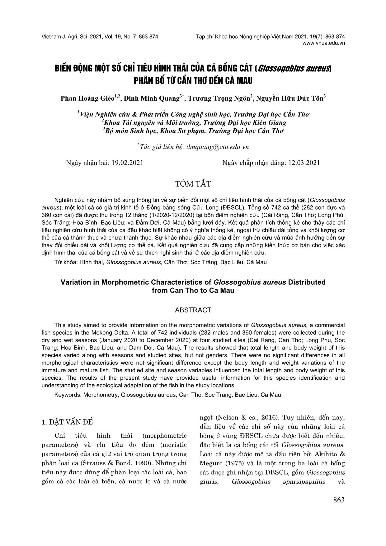 Biến động một số chỉ tiêu hình thái của cá bống cát (Glossogobius aureus) phân bố từ cần thơ đến Cà Mau trang 1