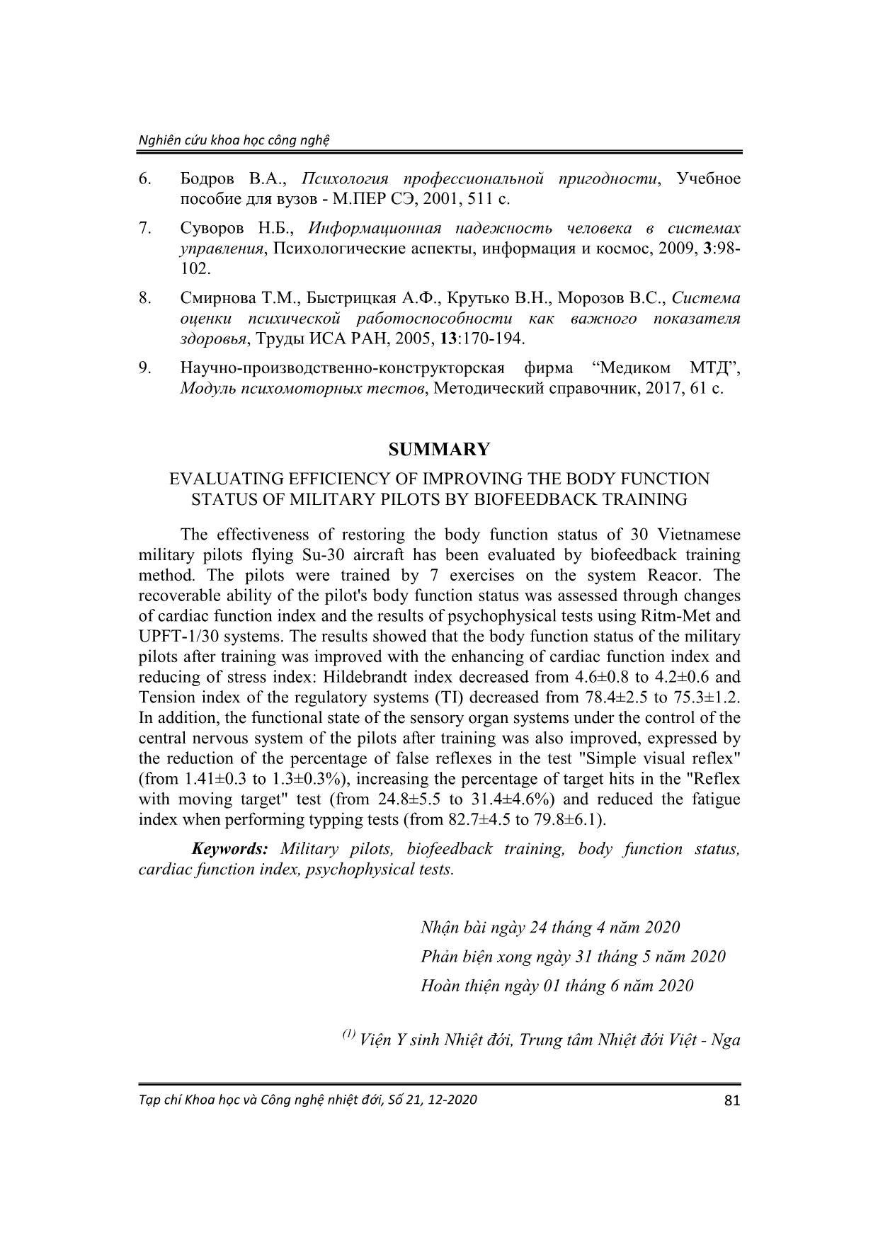 Đánh giá hiệu quả cải thiện trạng thái chức năng cơ thể của phi công quân sự bằng phương pháp luyện tập phản hồi sinh học trang 8