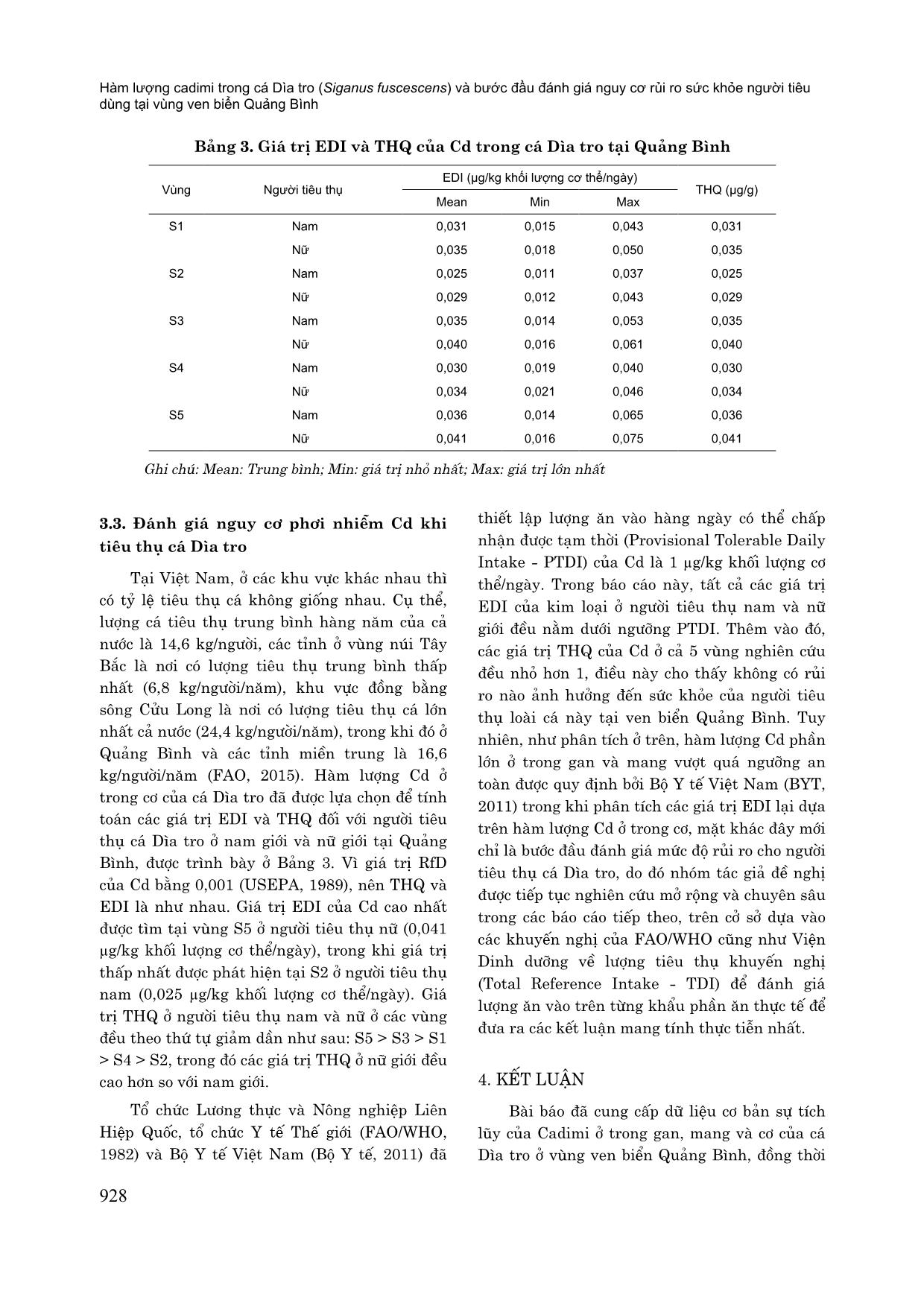 Hàm lượng cadimi trong cá dìa tro (siganus fuscescens) và bước đầu đánh giá nguy cơ rủi ro sức khỏe người tiêu dùng tại vùng ven biển Quảng Bình trang 6
