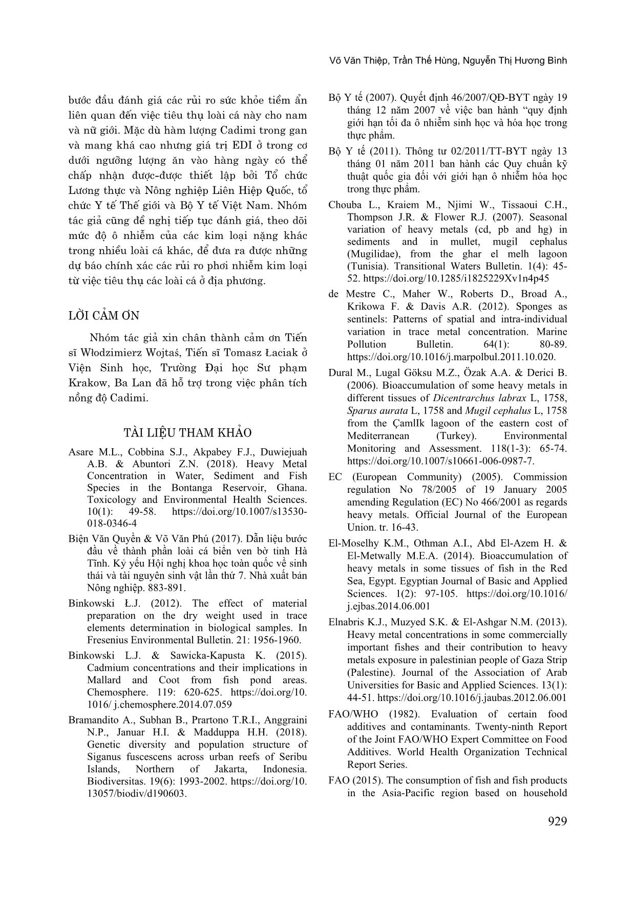 Hàm lượng cadimi trong cá dìa tro (siganus fuscescens) và bước đầu đánh giá nguy cơ rủi ro sức khỏe người tiêu dùng tại vùng ven biển Quảng Bình trang 7