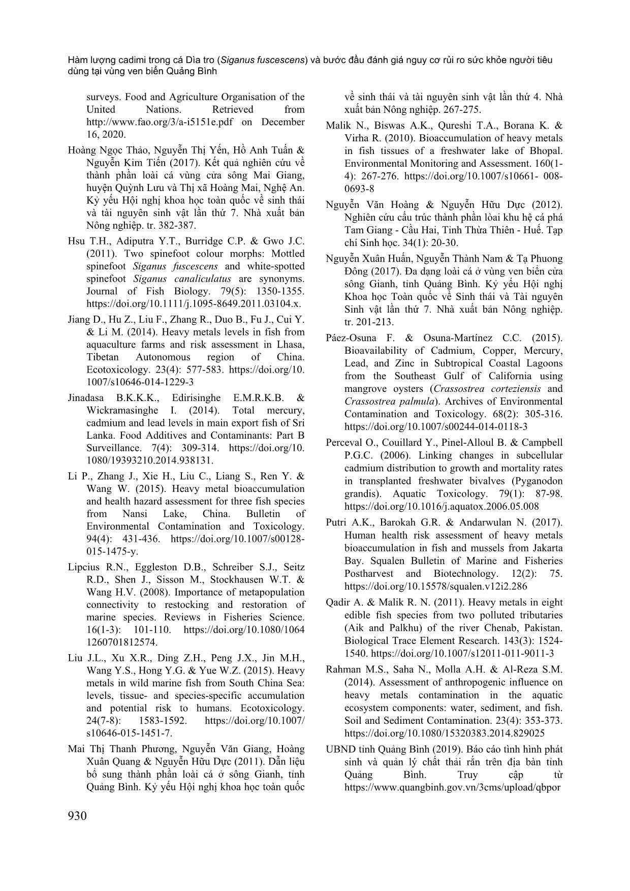 Hàm lượng cadimi trong cá dìa tro (siganus fuscescens) và bước đầu đánh giá nguy cơ rủi ro sức khỏe người tiêu dùng tại vùng ven biển Quảng Bình trang 8