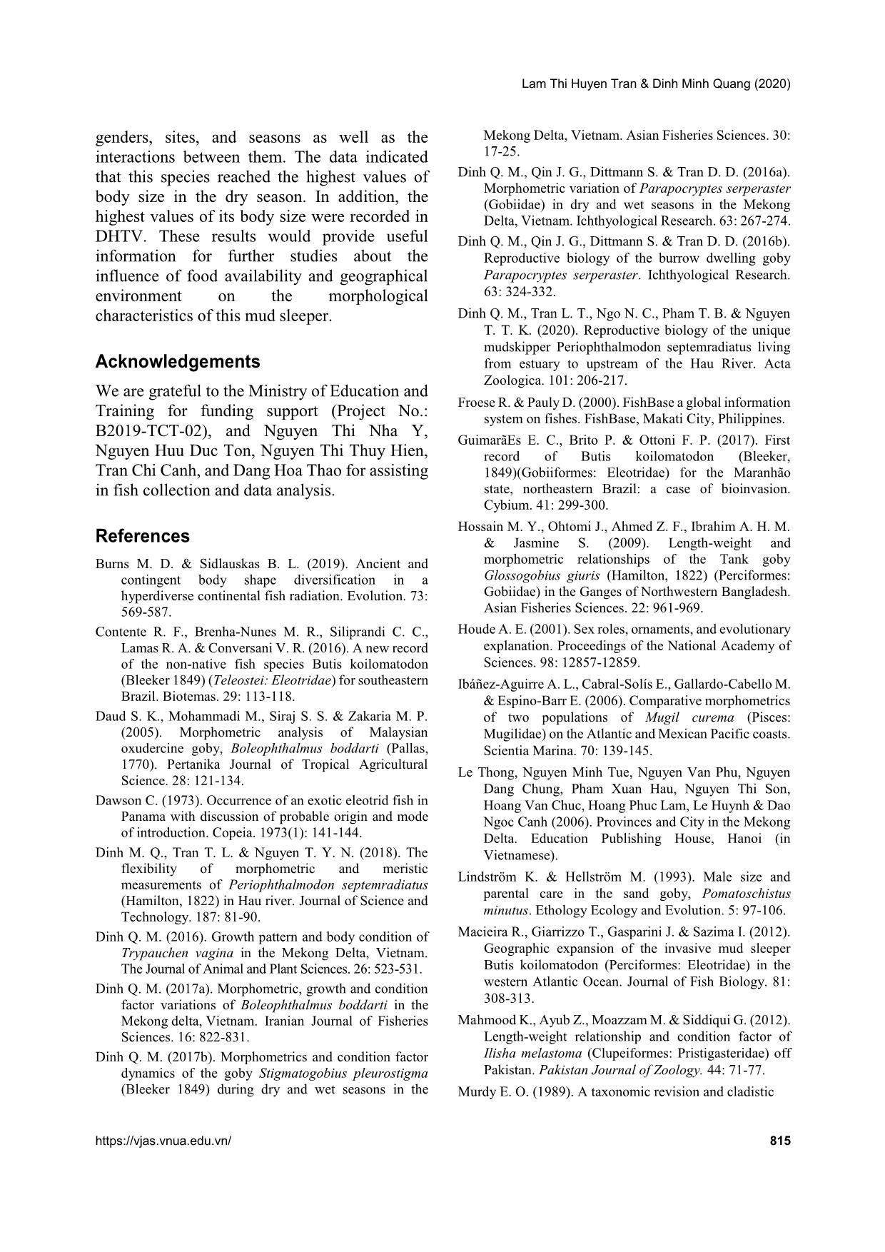 Morphometric and meristic variability in butis koilomatodon (gobiiformes: eleotridae) in estuarine and coastal areas of the Mekong delta trang 10