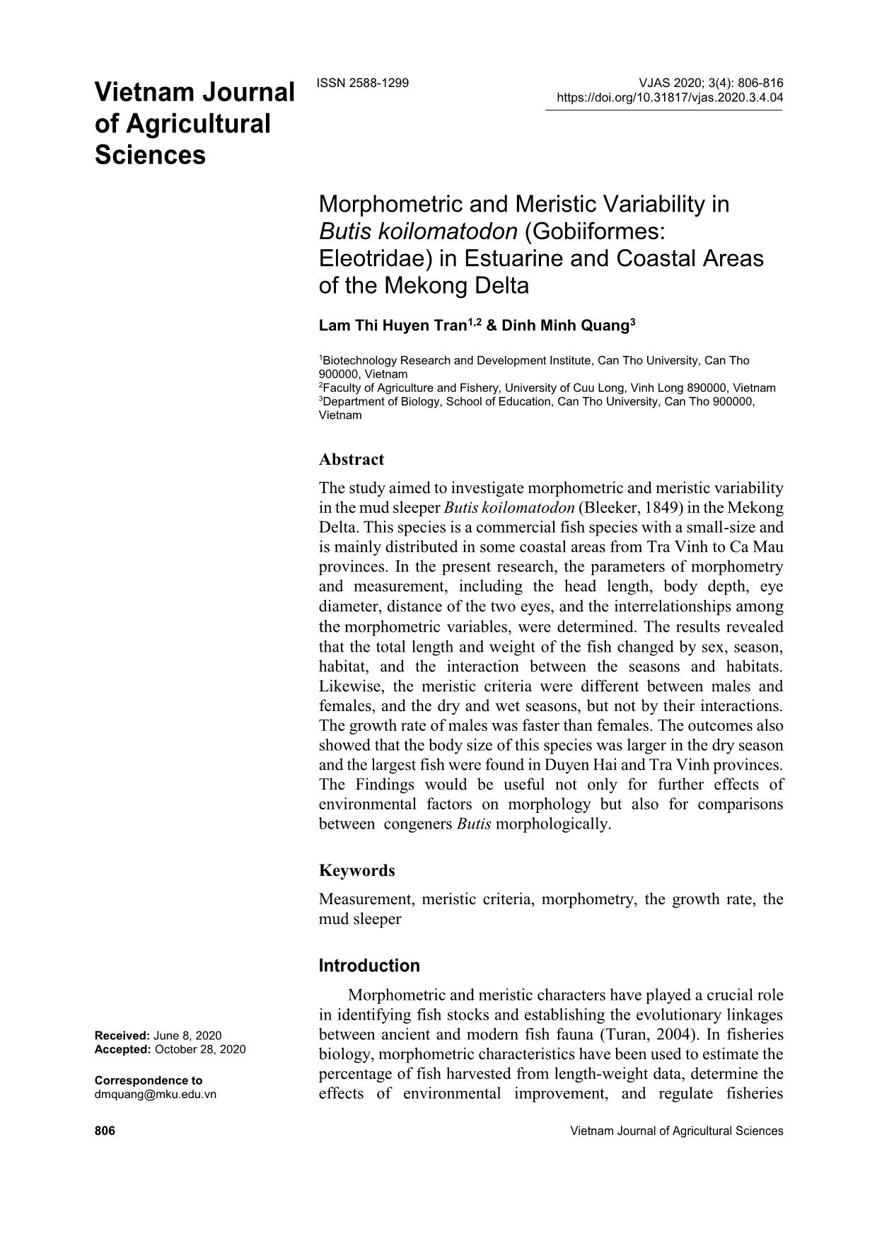 Morphometric and meristic variability in butis koilomatodon (gobiiformes: eleotridae) in estuarine and coastal areas of the Mekong delta trang 1