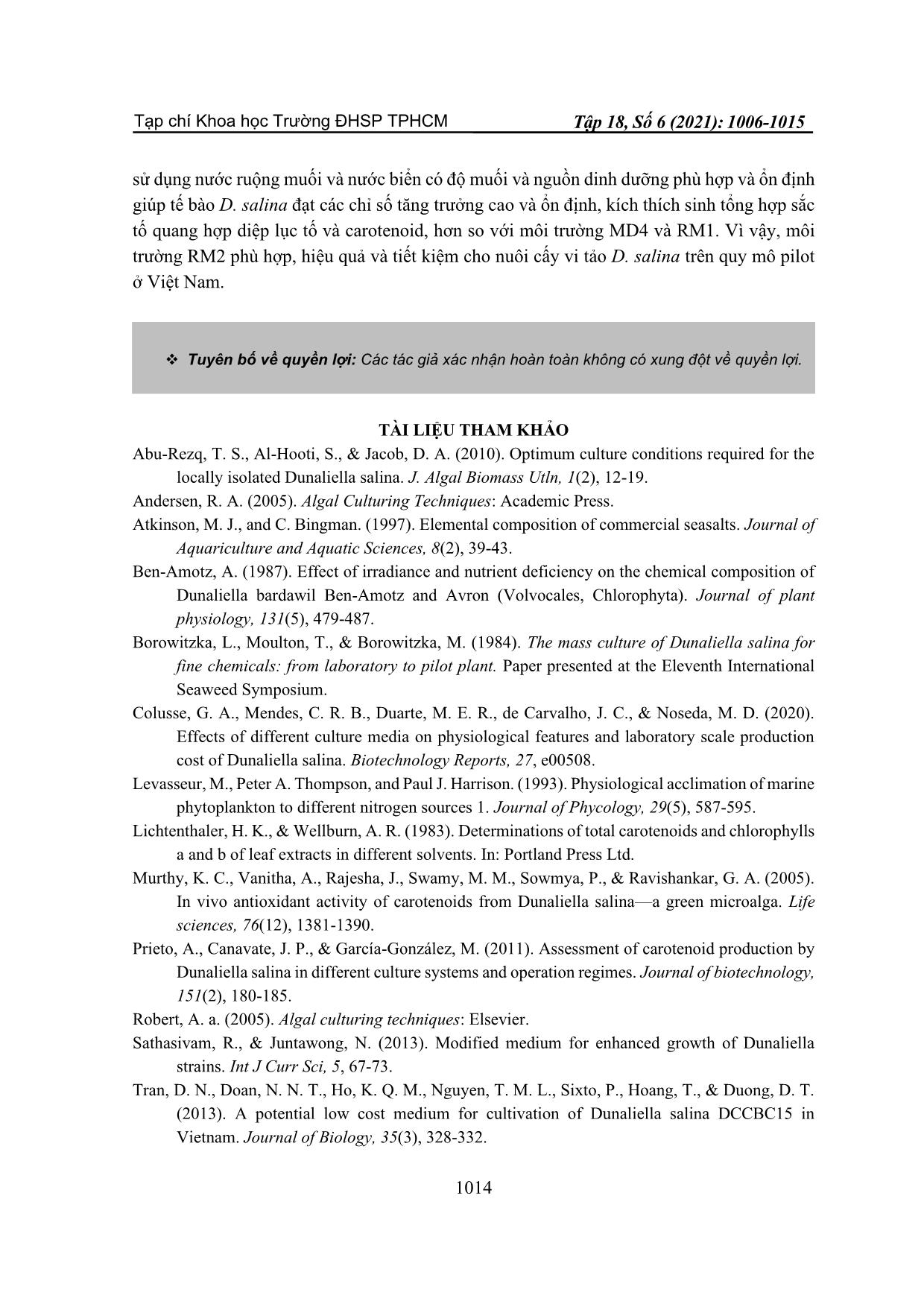 Môi trường tiết kiệm cho nuôi cấy vi tảo Dunaliella Salina quy mô pilot ở Việt Nam trang 9