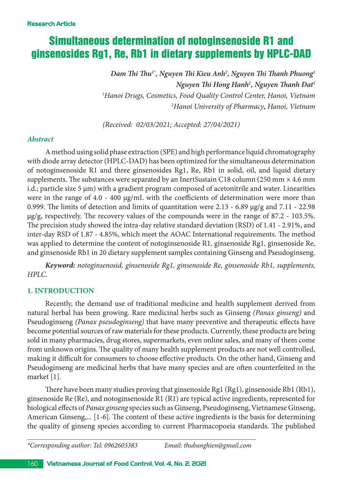 Simultaneous determination of notoginsenoside R1 and ginsenosides Rg1, Re, Rb1 in dietary supplements by HPLC-DAD trang 1