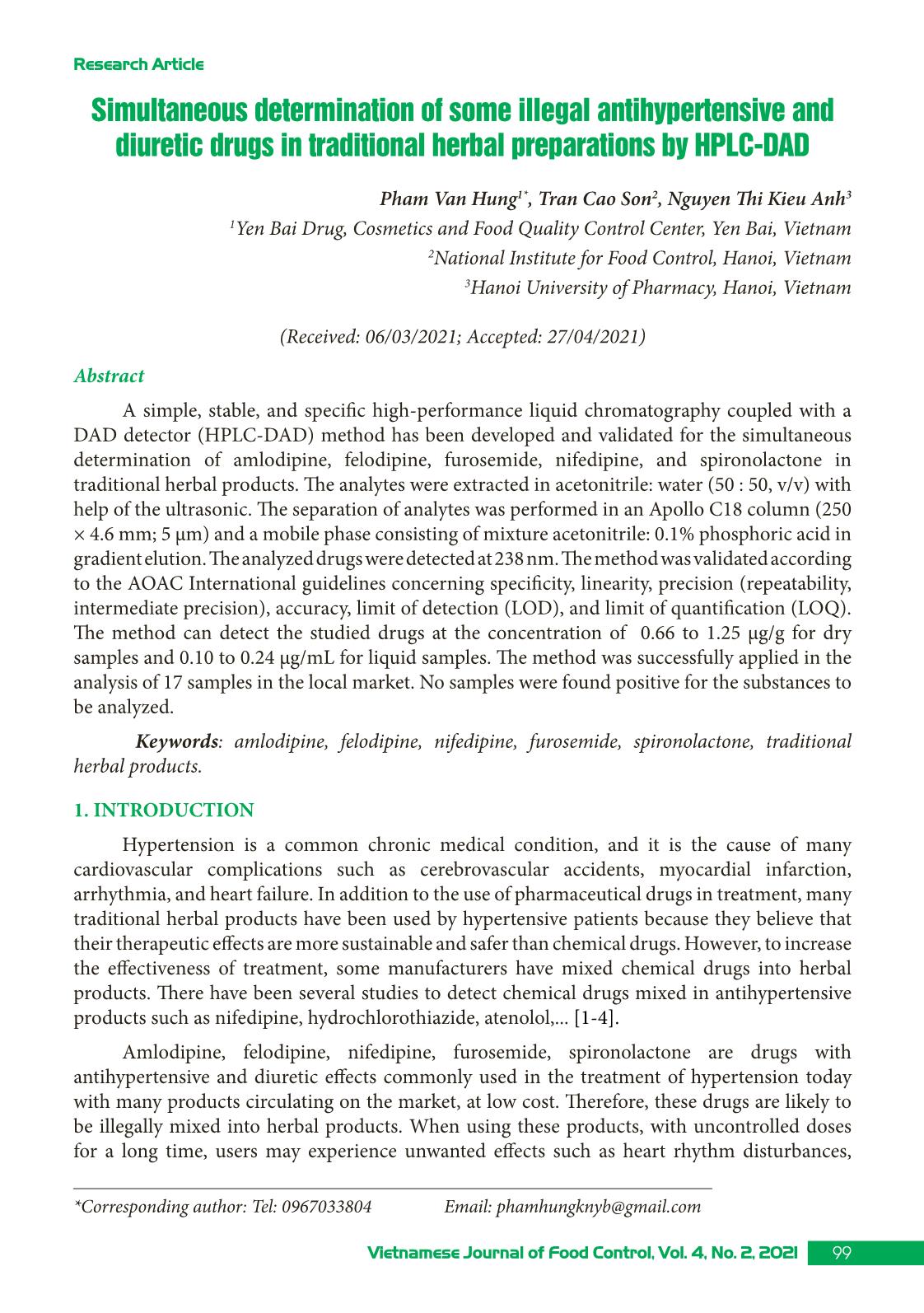 Simultaneous determination of some illegal antihypertensive and diuretic drugs in traditional herbal preparations by HPLC-DAD trang 1