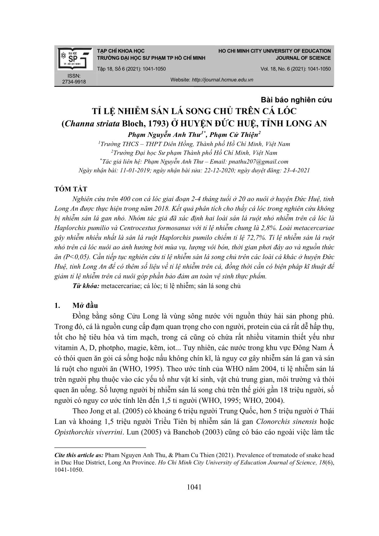 Tỉ lệ nhiễm sán lá song chủ trên cá lóc (channa striata bloch, 1793) ở huyện Đức Huệ, tỉnh Long An trang 1