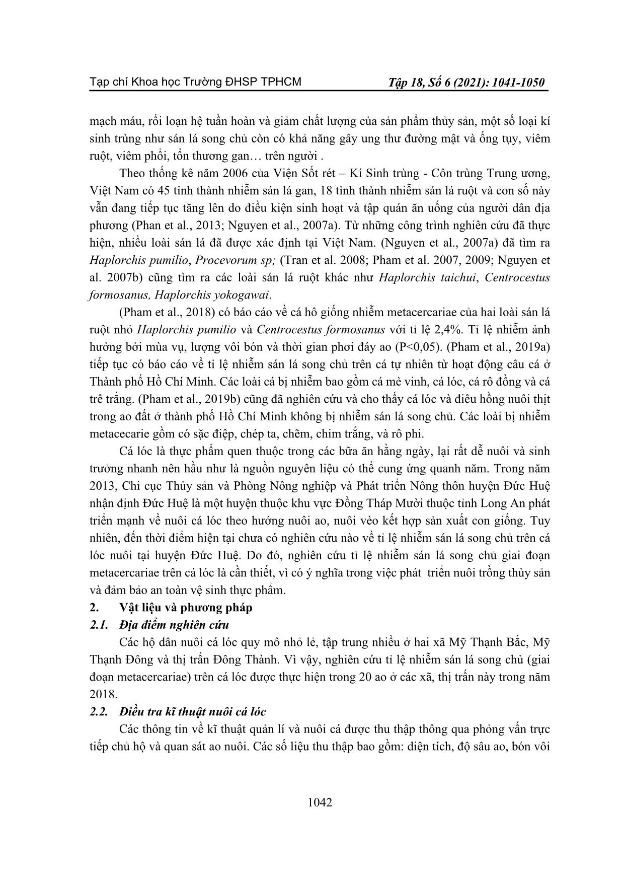 Tỉ lệ nhiễm sán lá song chủ trên cá lóc (channa striata bloch, 1793) ở huyện Đức Huệ, tỉnh Long An trang 2