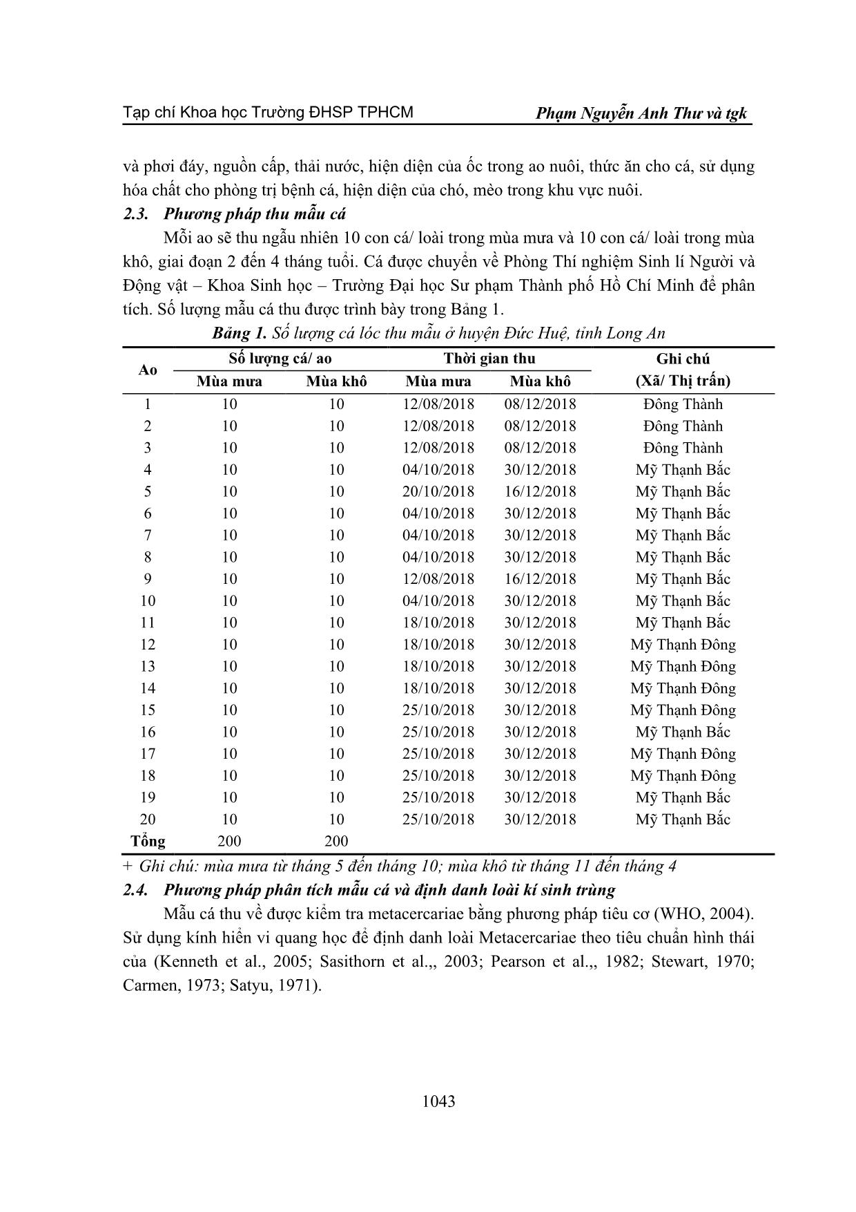 Tỉ lệ nhiễm sán lá song chủ trên cá lóc (channa striata bloch, 1793) ở huyện Đức Huệ, tỉnh Long An trang 3