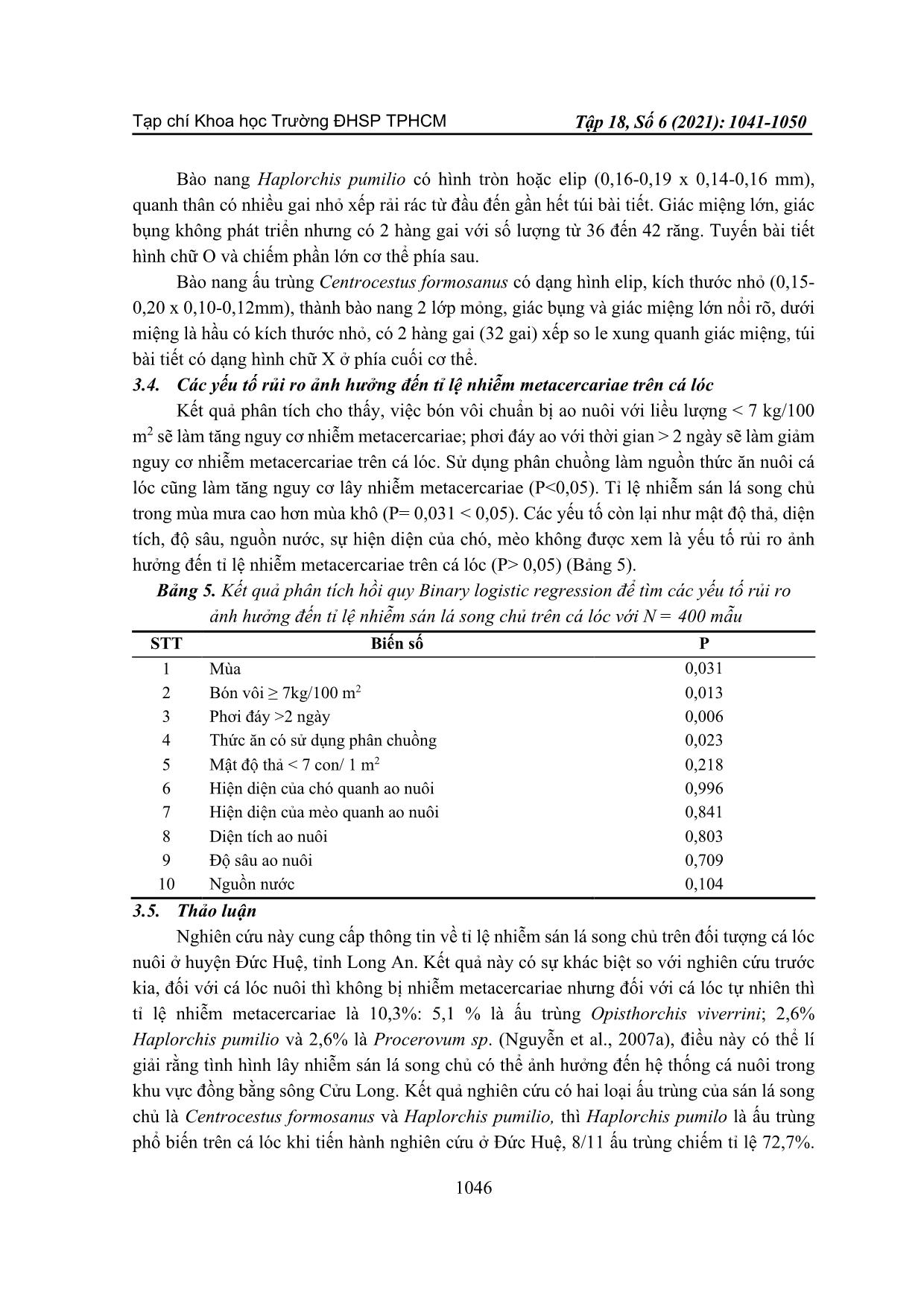 Tỉ lệ nhiễm sán lá song chủ trên cá lóc (channa striata bloch, 1793) ở huyện Đức Huệ, tỉnh Long An trang 6