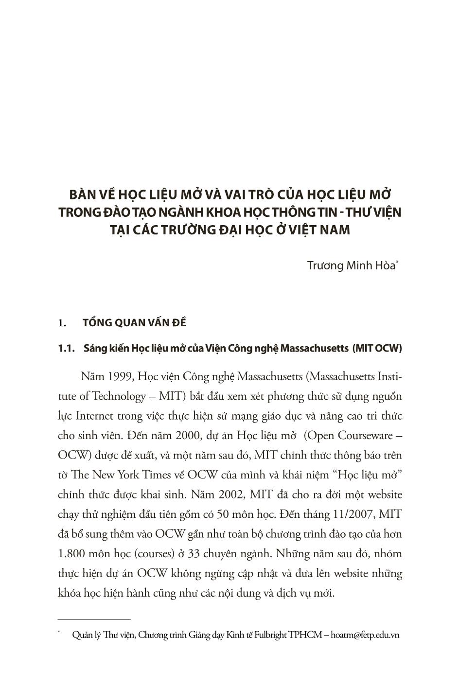 Bàn về học liệu mở và vai trò của học liệu mở trong đào tạo ngành khoa học thông tin - Thư viện tại các trường Đại học ở Việt Nam trang 1