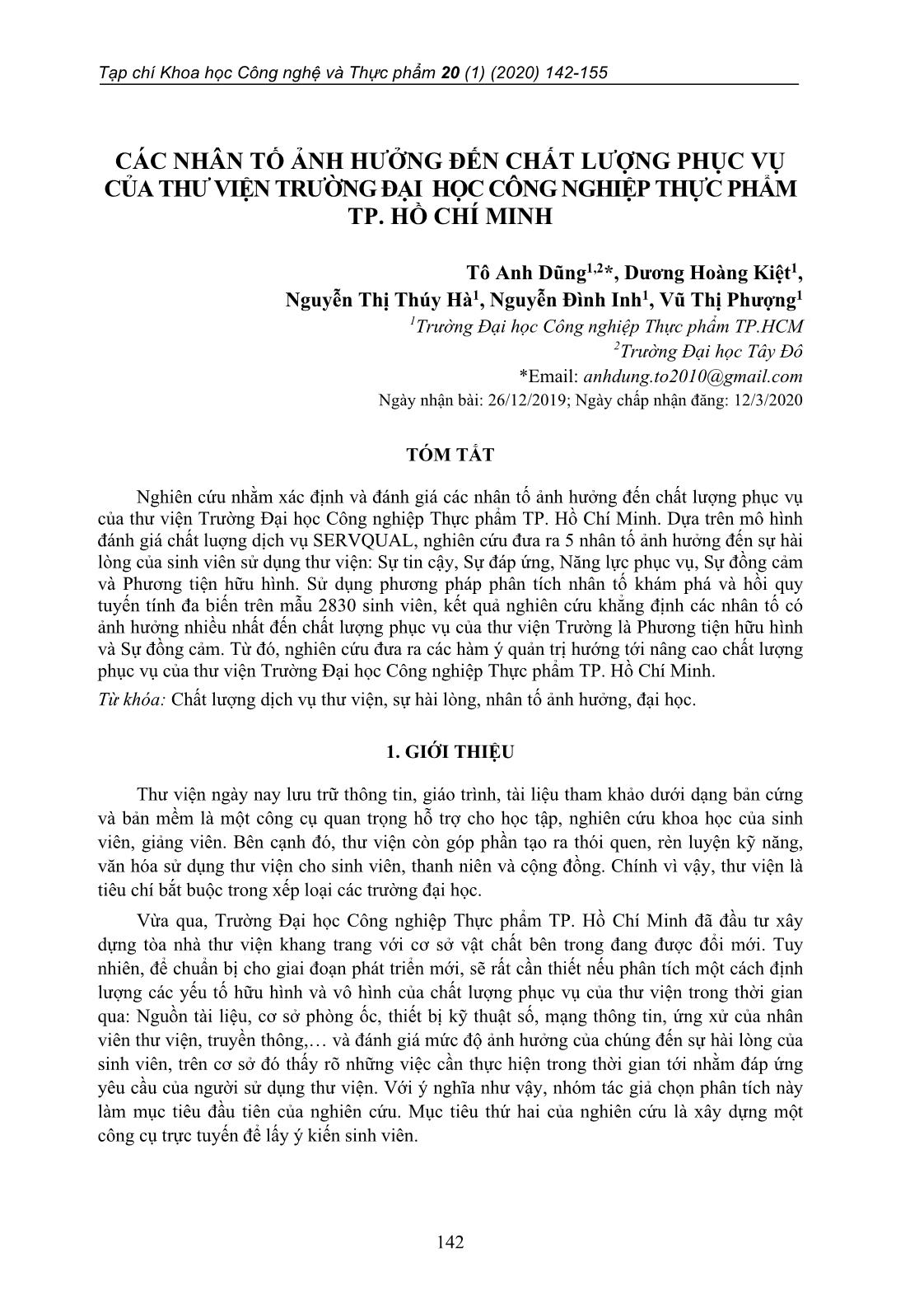 Các nhân tố ảnh hưởng đến chất lượng phục vụ của thư viện trường Đại học Công nghiệp thực phẩm thành phố Hồ Chí Minh trang 1