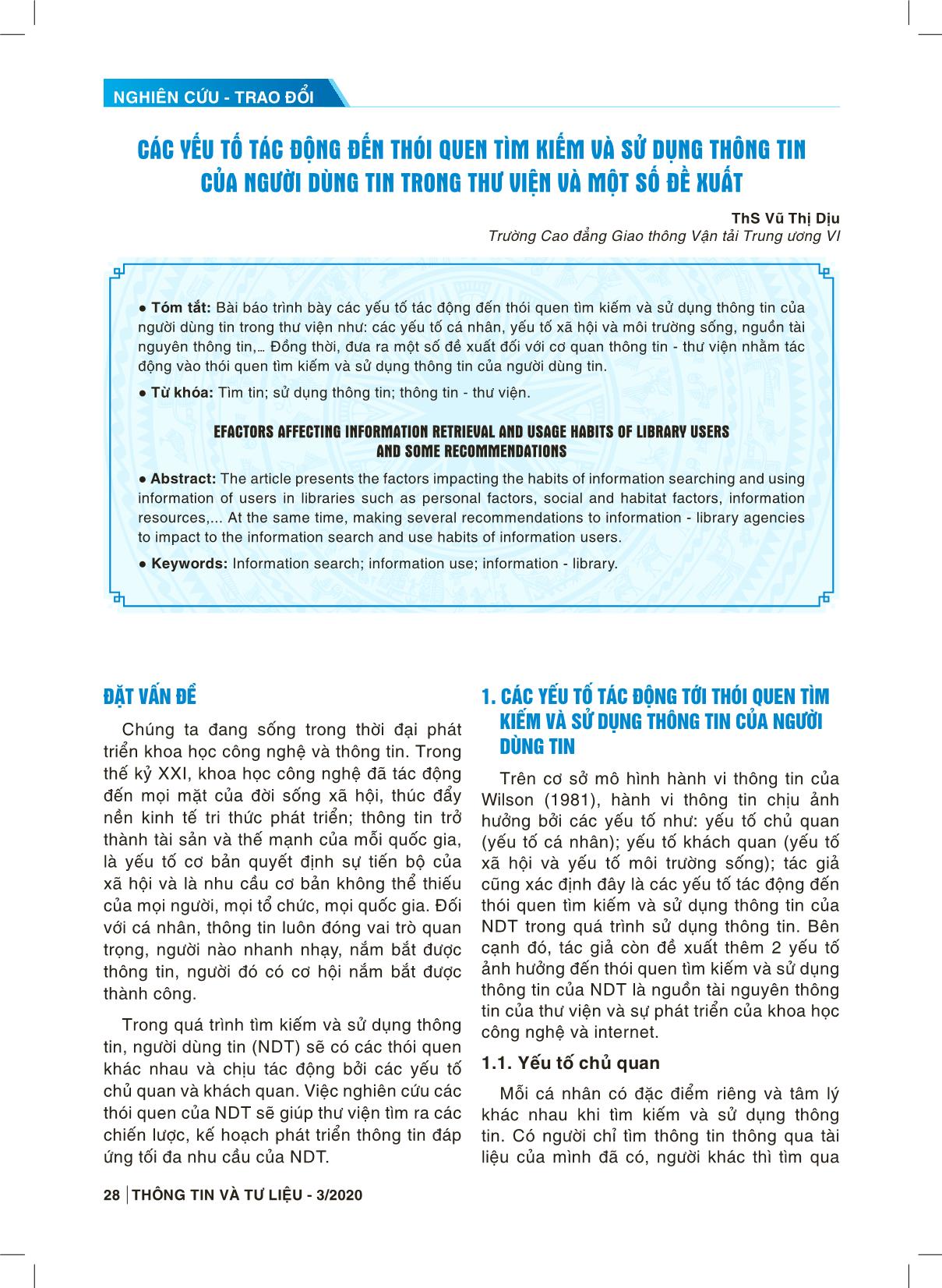 Các yếu tố tác động đến thói quen tìm kiếm và sử dụng thông tin của người dùng tin trong thư viện và một số đề xuất trang 1