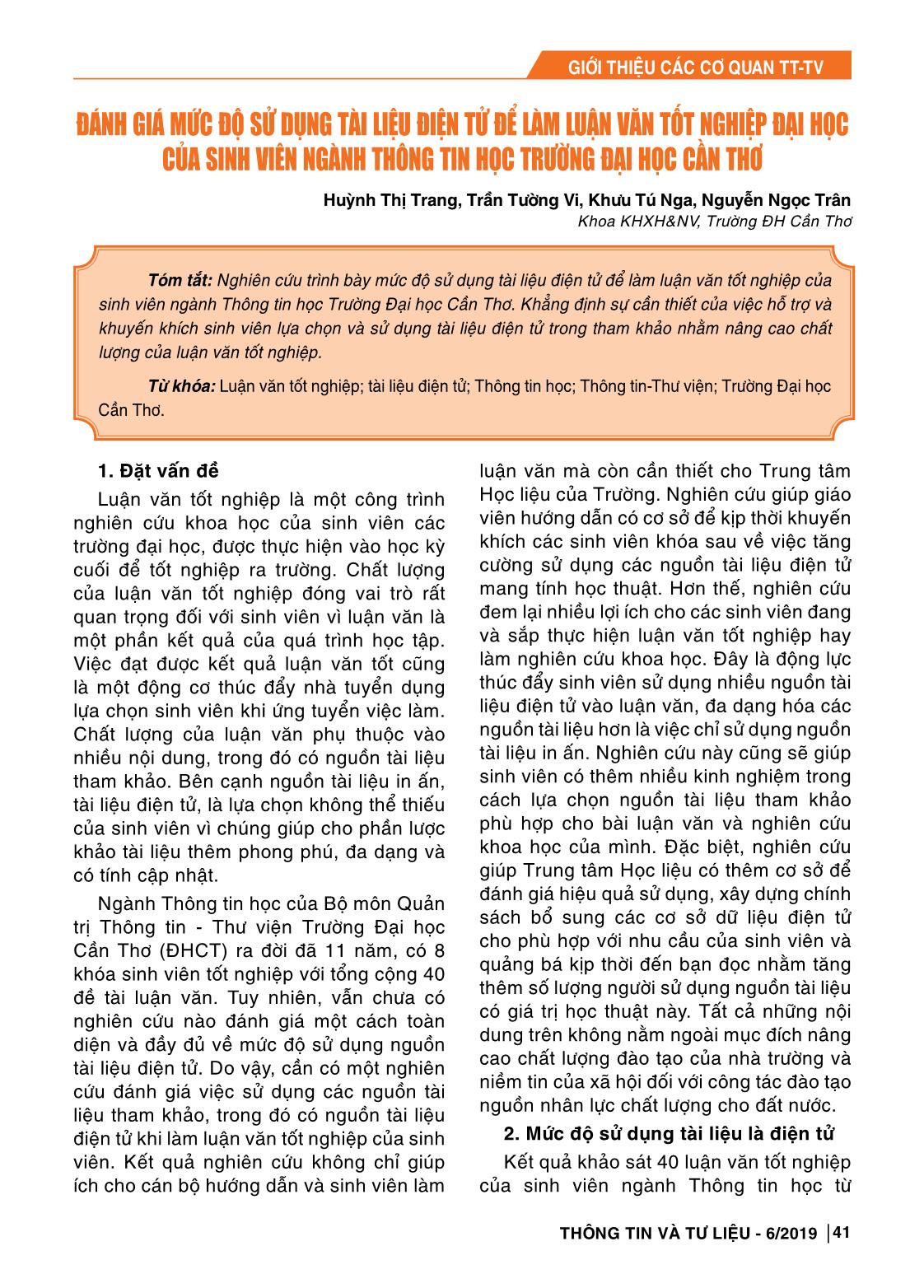 Đánh giá mức độ sử dụng tài liệu điện tử để làm luận văn tốt nghiệp đại học của sinh viên ngành thông tin học trường Đại học Cần Thơ trang 1