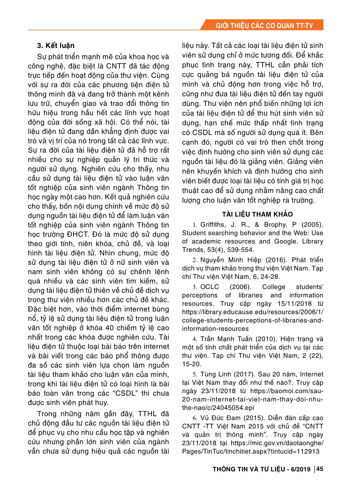 Đánh giá mức độ sử dụng tài liệu điện tử để làm luận văn tốt nghiệp đại học của sinh viên ngành thông tin học trường Đại học Cần Thơ trang 5