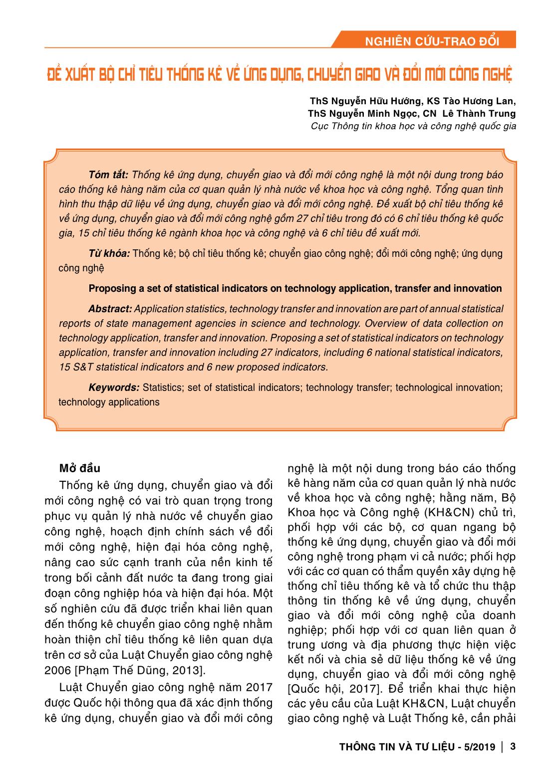 Đề xuất bộ chỉ tiêu thống kê về ứng dụng, chuyển giao và đổi mới công nghệ trang 1