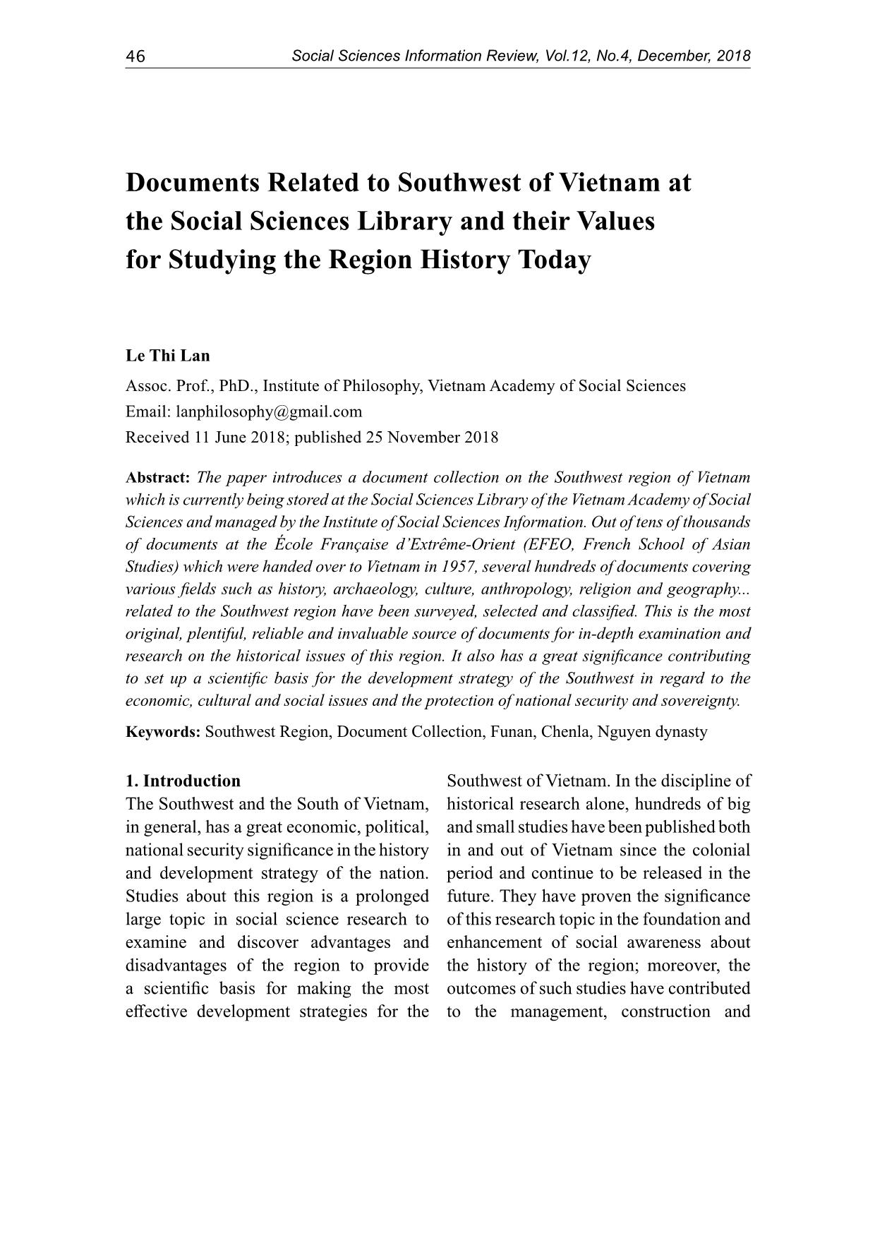 Documents related to southwest of Viet Nam at the social sciences library and their values for studying the region history today trang 1