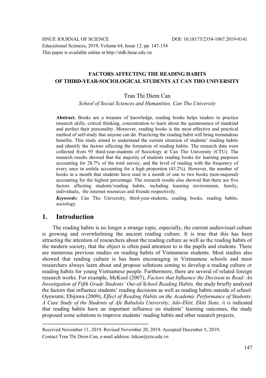 Factors affecting the reading habits of third-year-sociological students at Can Tho university trang 1