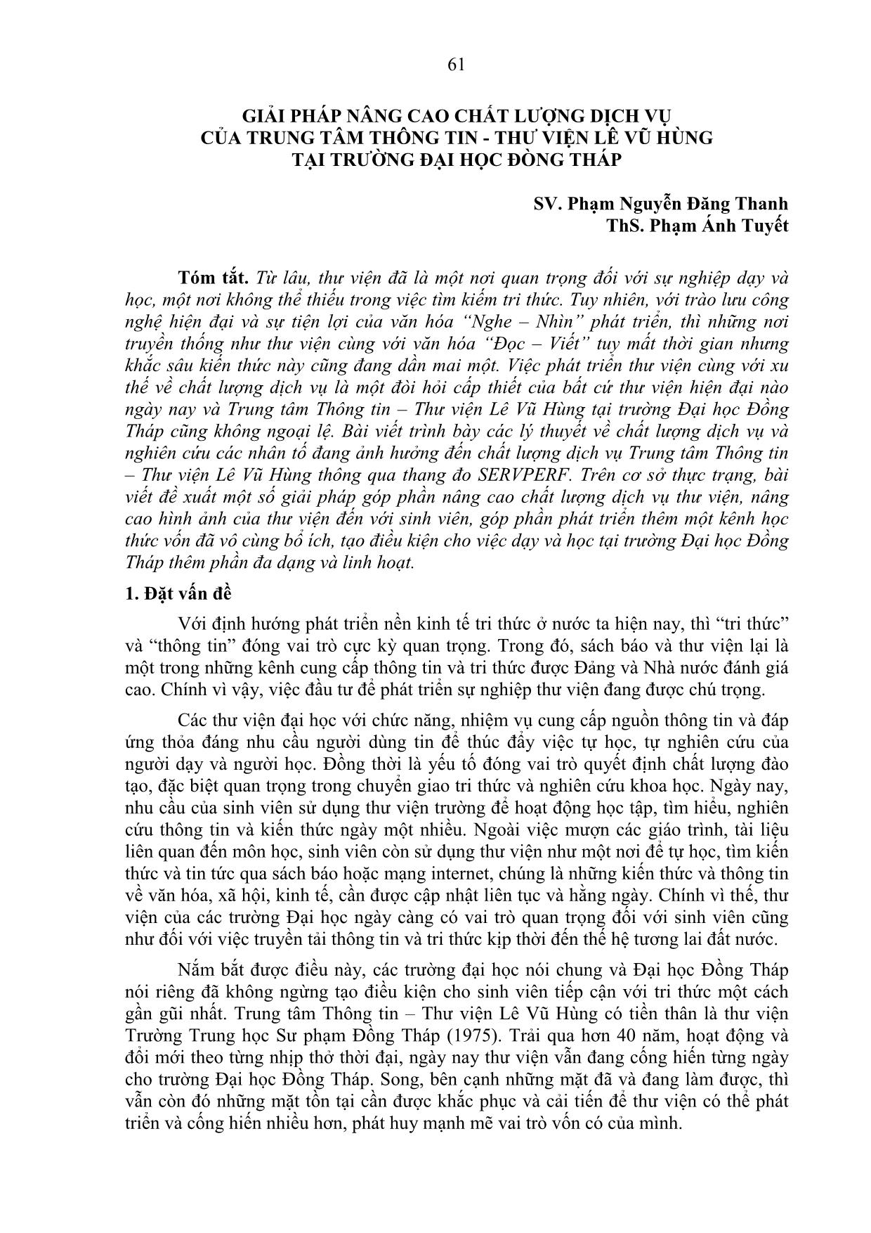 Giải pháp nâng cao chất lượng dịch vụ của trung tâm thông tin - Thư viện Lê Vũ Hùng tại trường Đại học Đồng Tháp trang 1