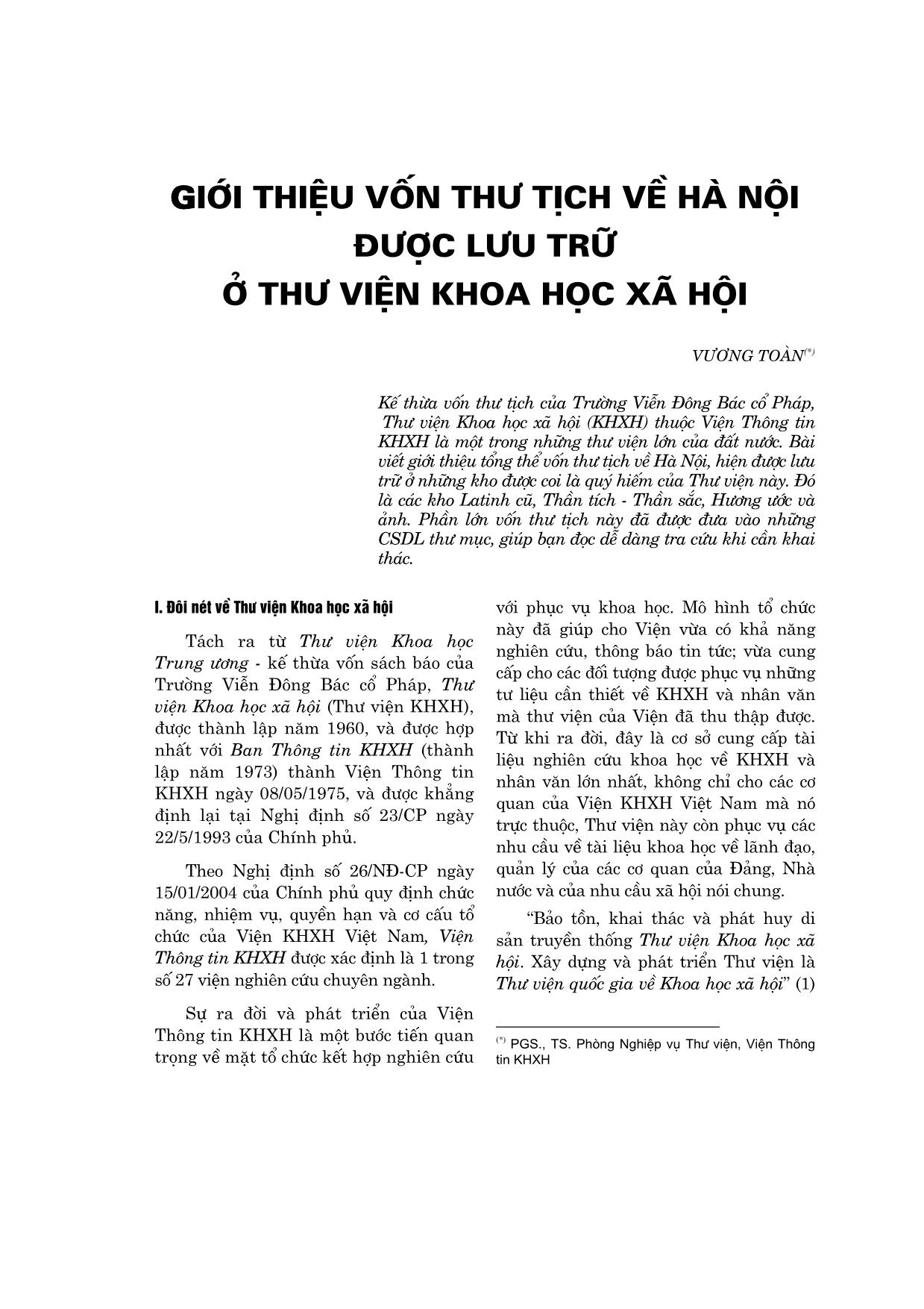 Giới thiệu vốn thư tịch về Hà Nội được lưu trữ ở thư viện khoa học xã hội trang 1