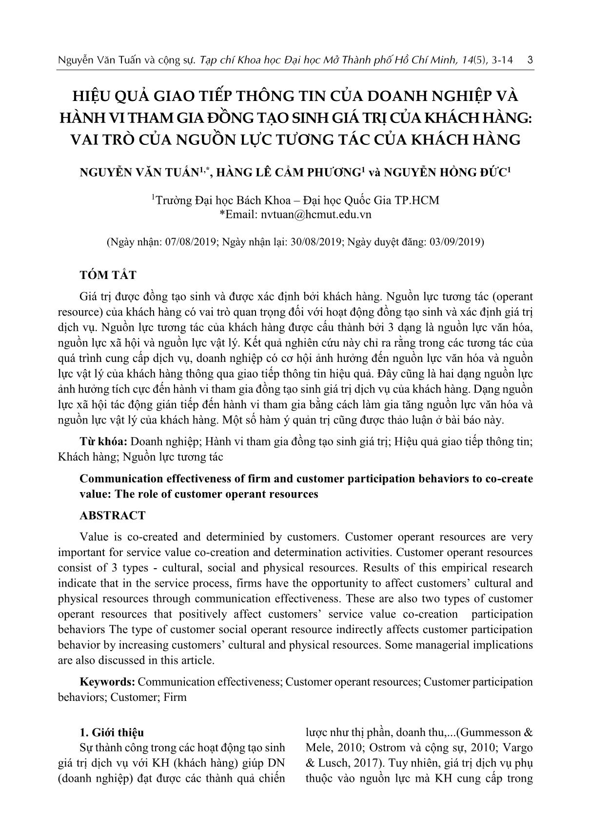 Hiệu quả giao tiếp thông tin của doanh nghiệp và hành vi tham gia đồng tạo sinh giá trị của khách hàng: Vai trò của nguồn lực tương tác của khách hàng trang 1