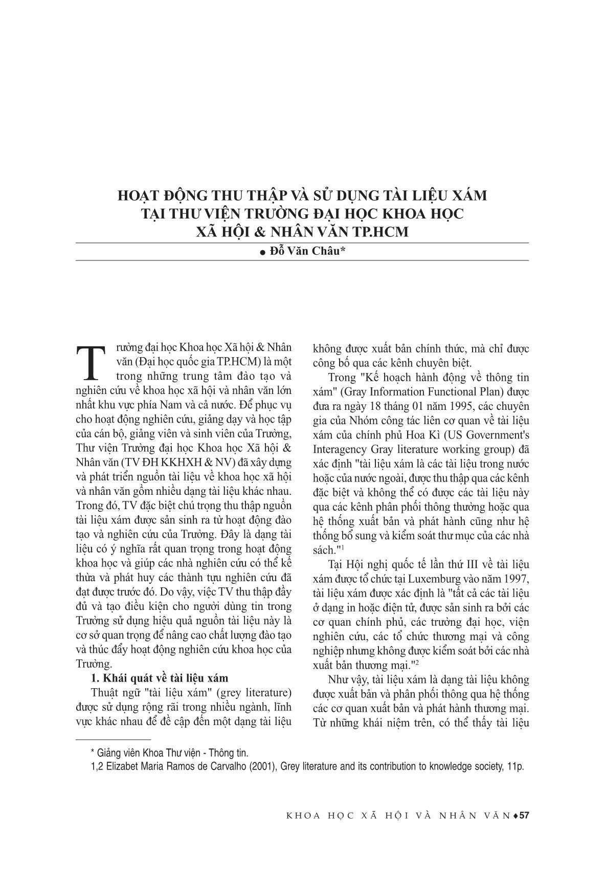 Hoạt động thu thập và sử dụng tài liệu xám tại thư viện trường Đại học Khoa học xã hội và nhân văn thành phố Hồ Chí Minh trang 1