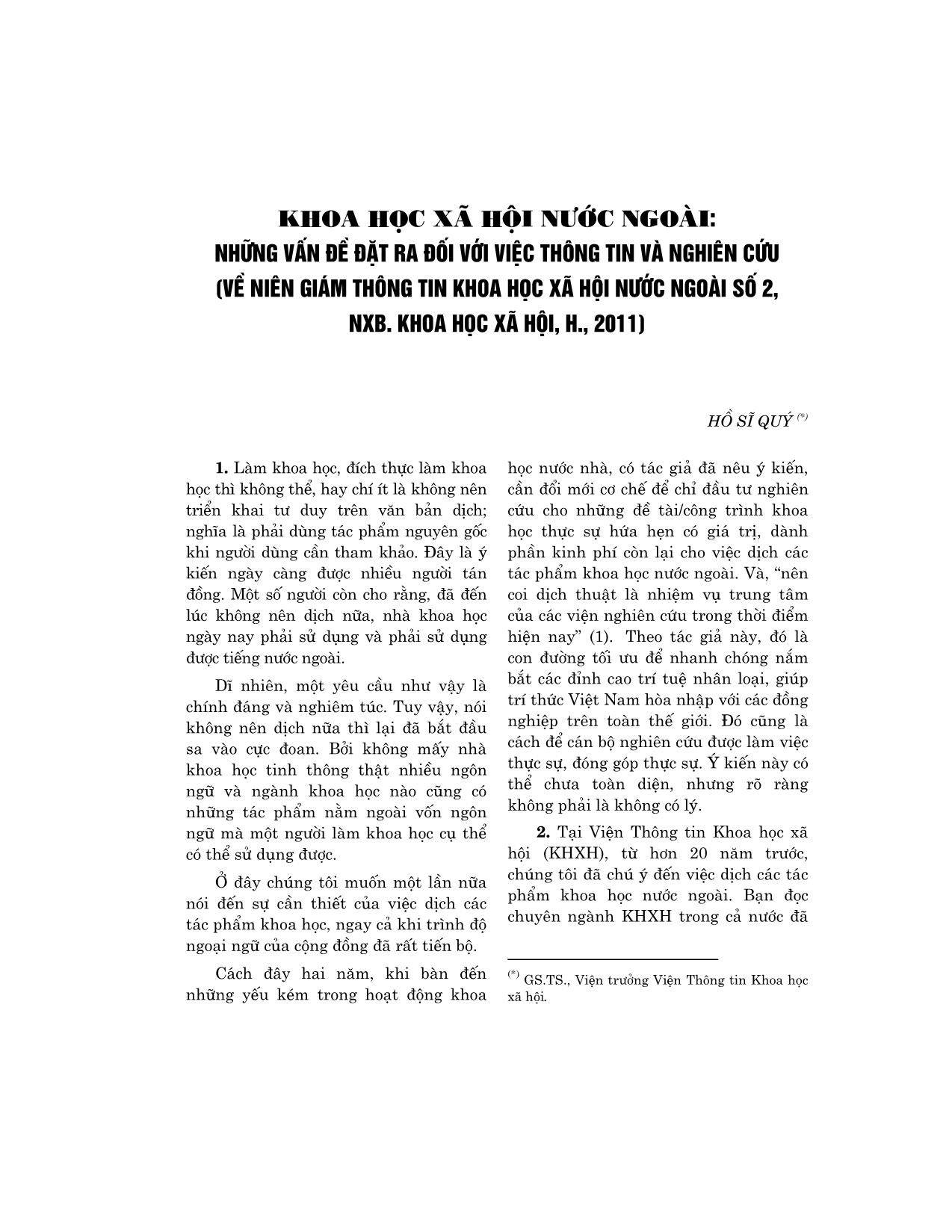 Khoa học xã hội nước ngoài: những vấn đề đặt ra đối với việc thông tin và nghiên cứu (về niên giám thông tin khoa học xã hội nước ngoài số 2, nxb. khoa học xã hội, h., 2011) trang 1