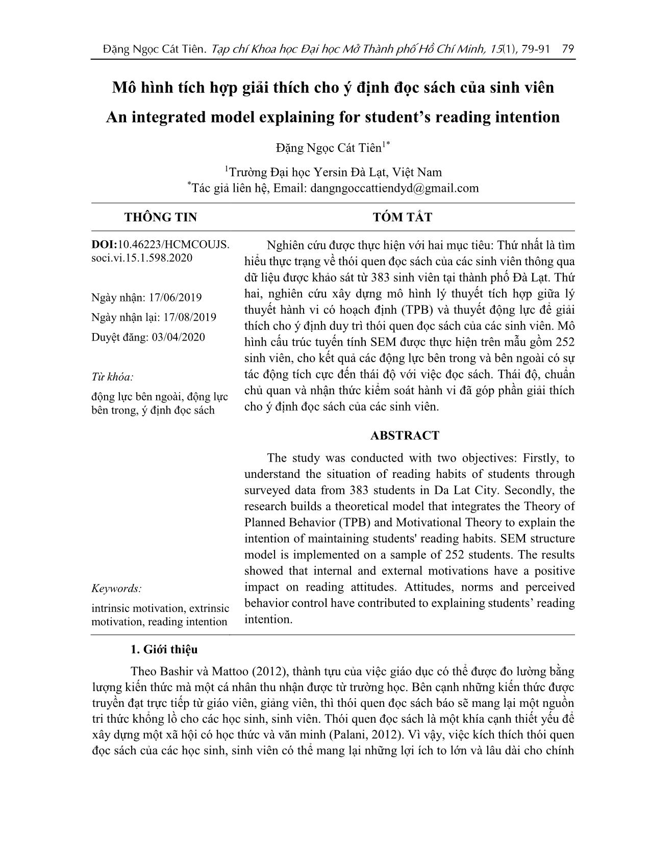 Mô hình tích hợp giải thích cho ý định đọc sách của sinh viên trang 1