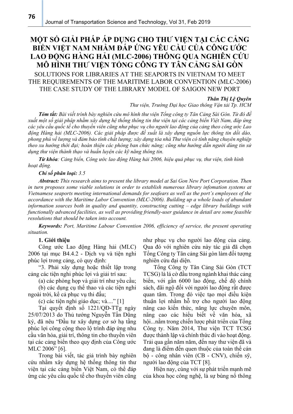 Một số giải pháp áp dụng cho thư viện tại các cảng biển Việt Nam nhằm đáp ứng yêu cầu của công ước lao động hàng hải (mlc-2006) thông qua nghiên cứu mô hình thư viện tổng công ty Tân cảng Sài Gòn trang 1