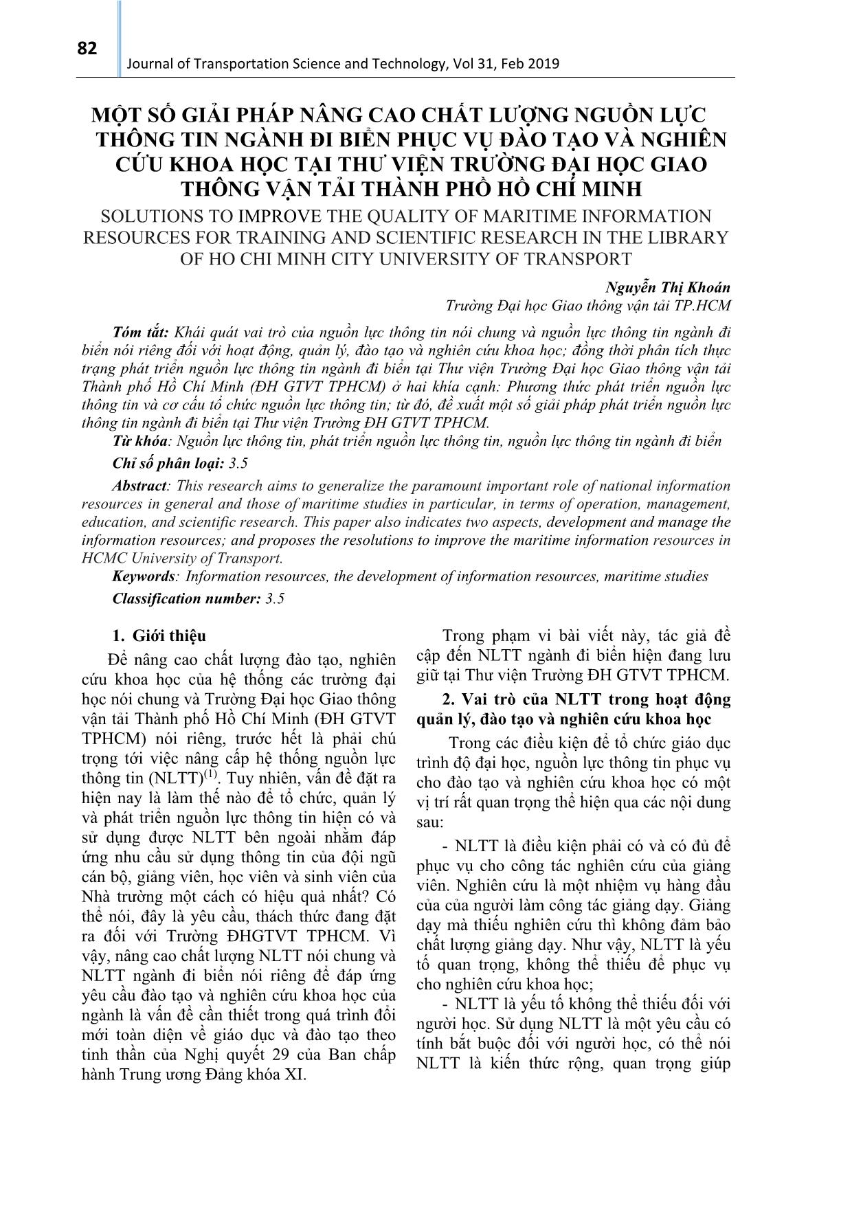 Một số giải pháp nâng cao chất lượng nguồn lực thông tin ngành đi biển phục vụ đào tạo và nghiên cứu khoa học tại thư viện trường đại học giao thông vận tải thành phồ Hồ Chí Minh trang 1