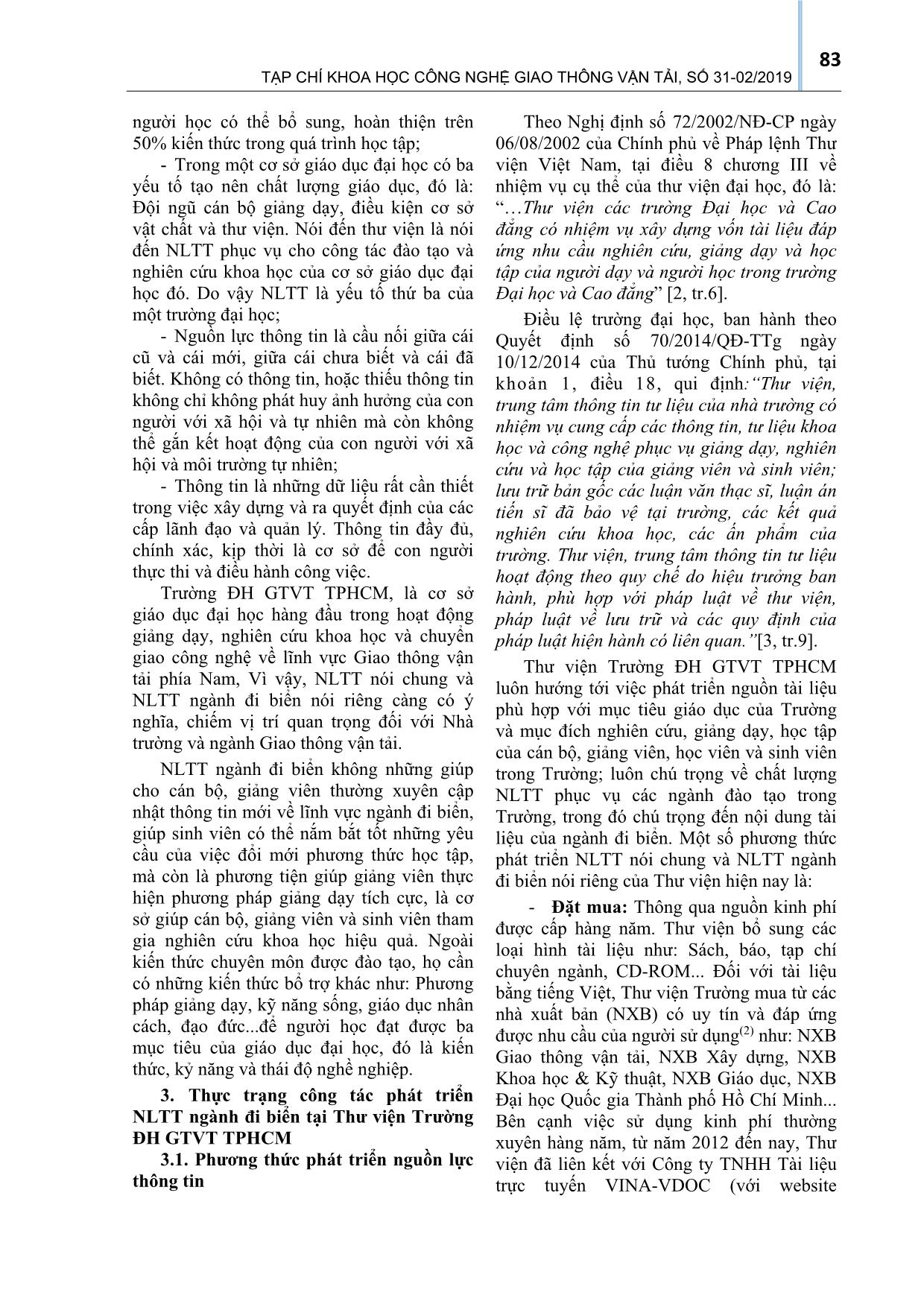 Một số giải pháp nâng cao chất lượng nguồn lực thông tin ngành đi biển phục vụ đào tạo và nghiên cứu khoa học tại thư viện trường đại học giao thông vận tải thành phồ Hồ Chí Minh trang 2