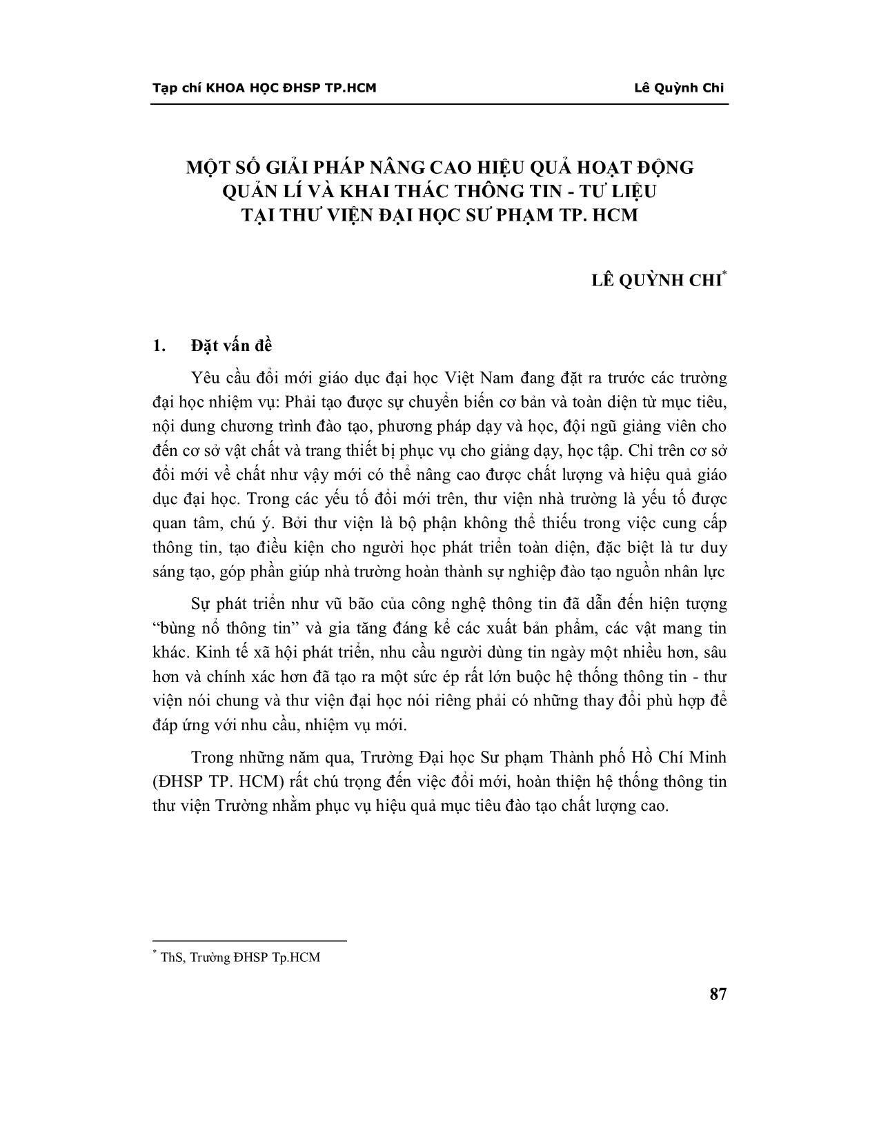 Một số giải pháp nâng cao hiệu quả hoạt động quản lí và khai thác thông tin - Tư liệu tại thư viện đại học sư phạm thành phố Hồ Chí Minh trang 1