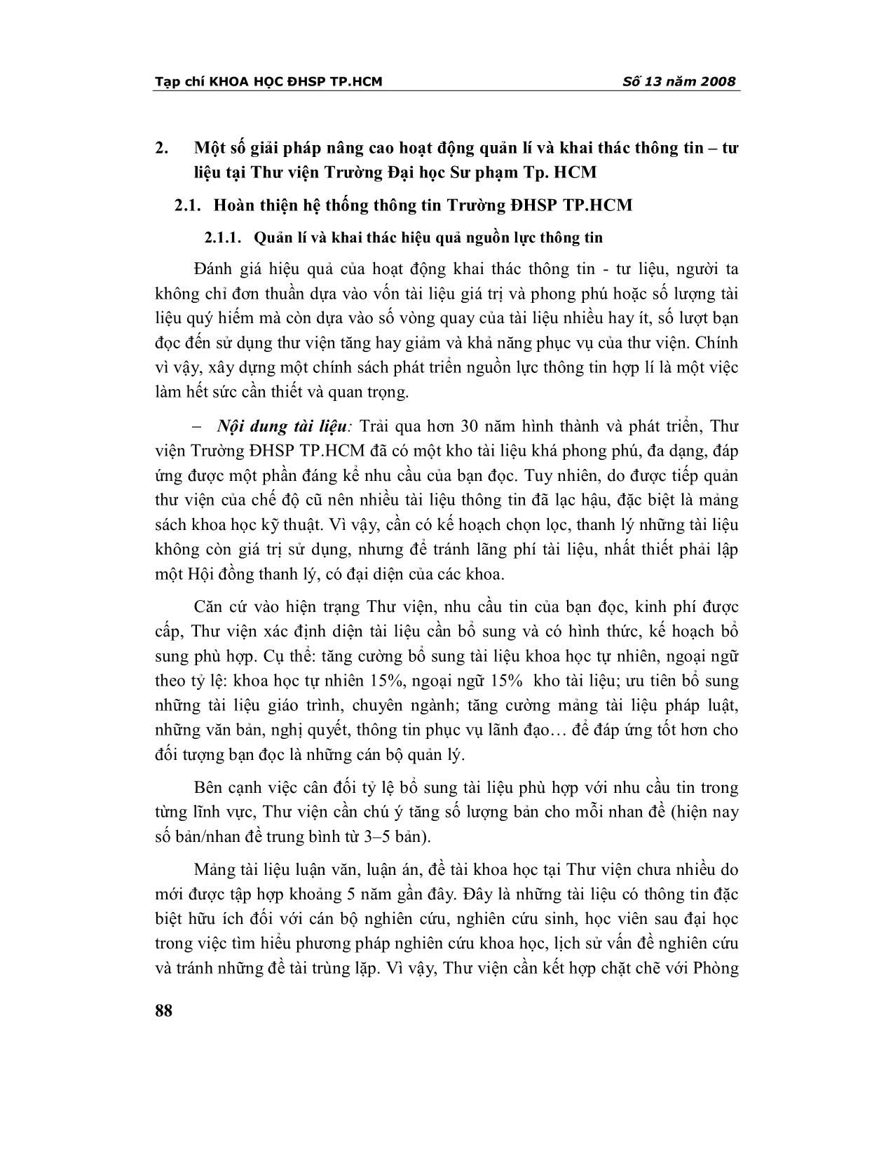 Một số giải pháp nâng cao hiệu quả hoạt động quản lí và khai thác thông tin - Tư liệu tại thư viện đại học sư phạm thành phố Hồ Chí Minh trang 2