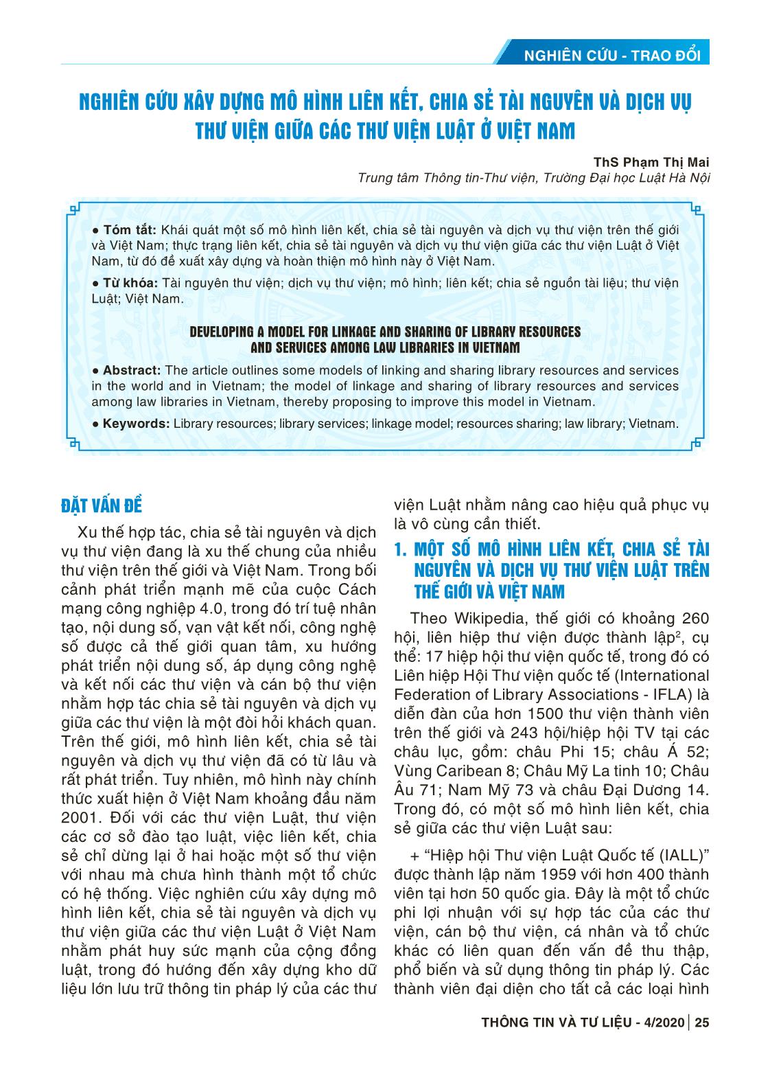Nghiên cứu xây dựng mô hình liên kết, chia sẻ tài nguyên và dịch vụ thư viện giữa các thư viện luật ở Việt Nam trang 1
