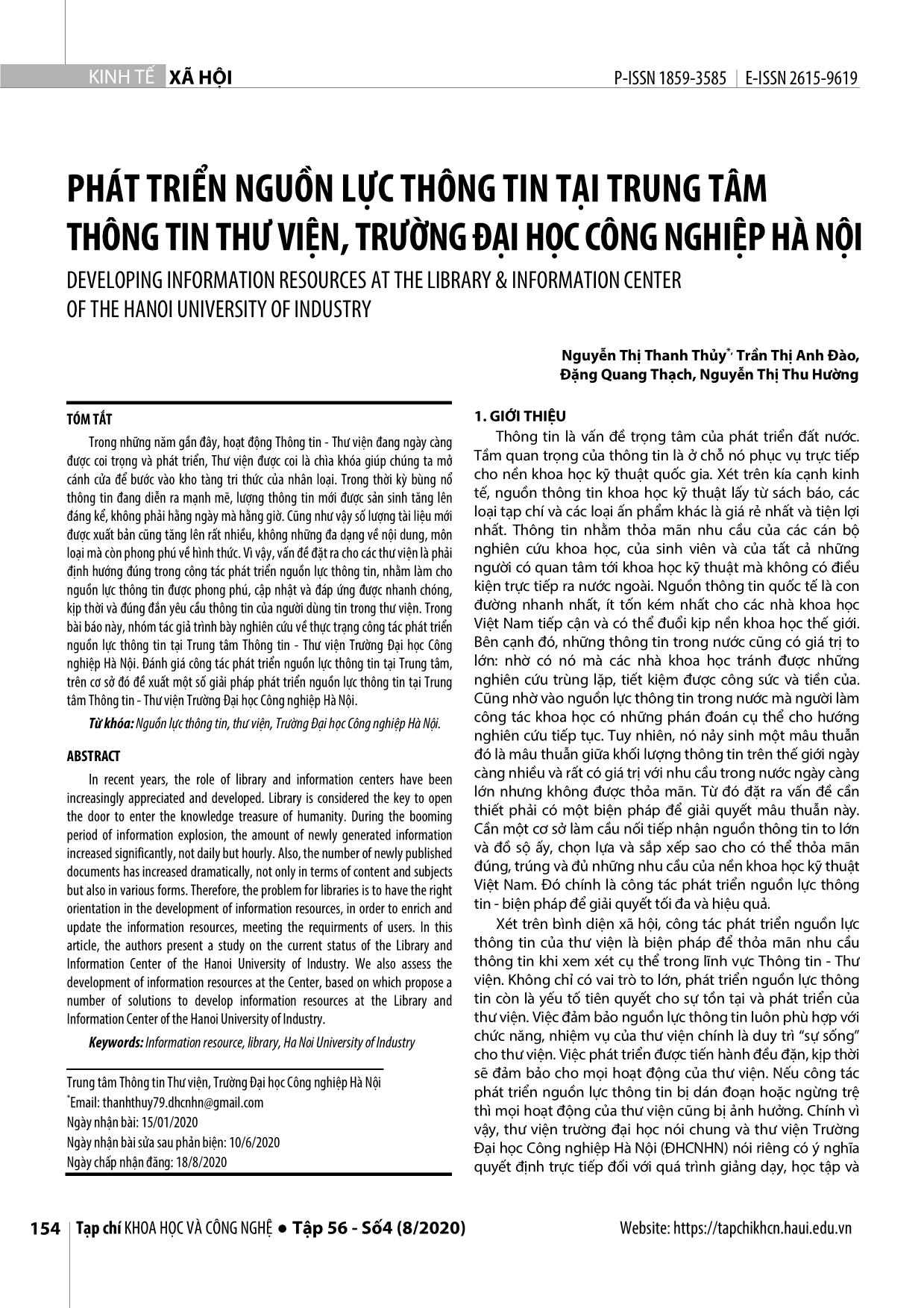 Phát triển nguồn lực thông tin tại trung tâm thông tin thư viện, trường Đại học công nghiệp Hà Nội trang 1