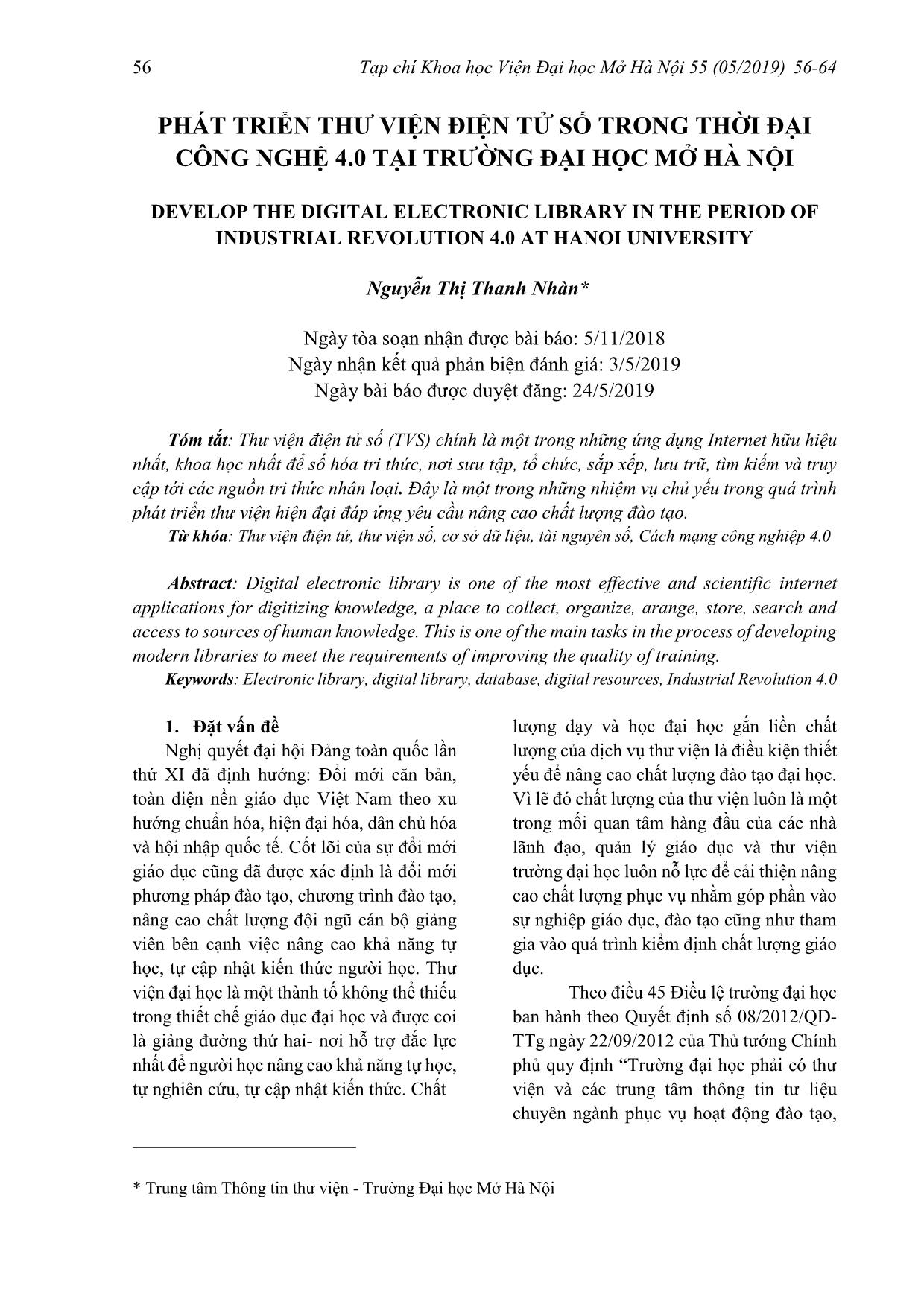 Phát triển thư viện điện tử số trong thời đại công nghệ 4.0 tại trường đại học mở Hà Nội trang 1