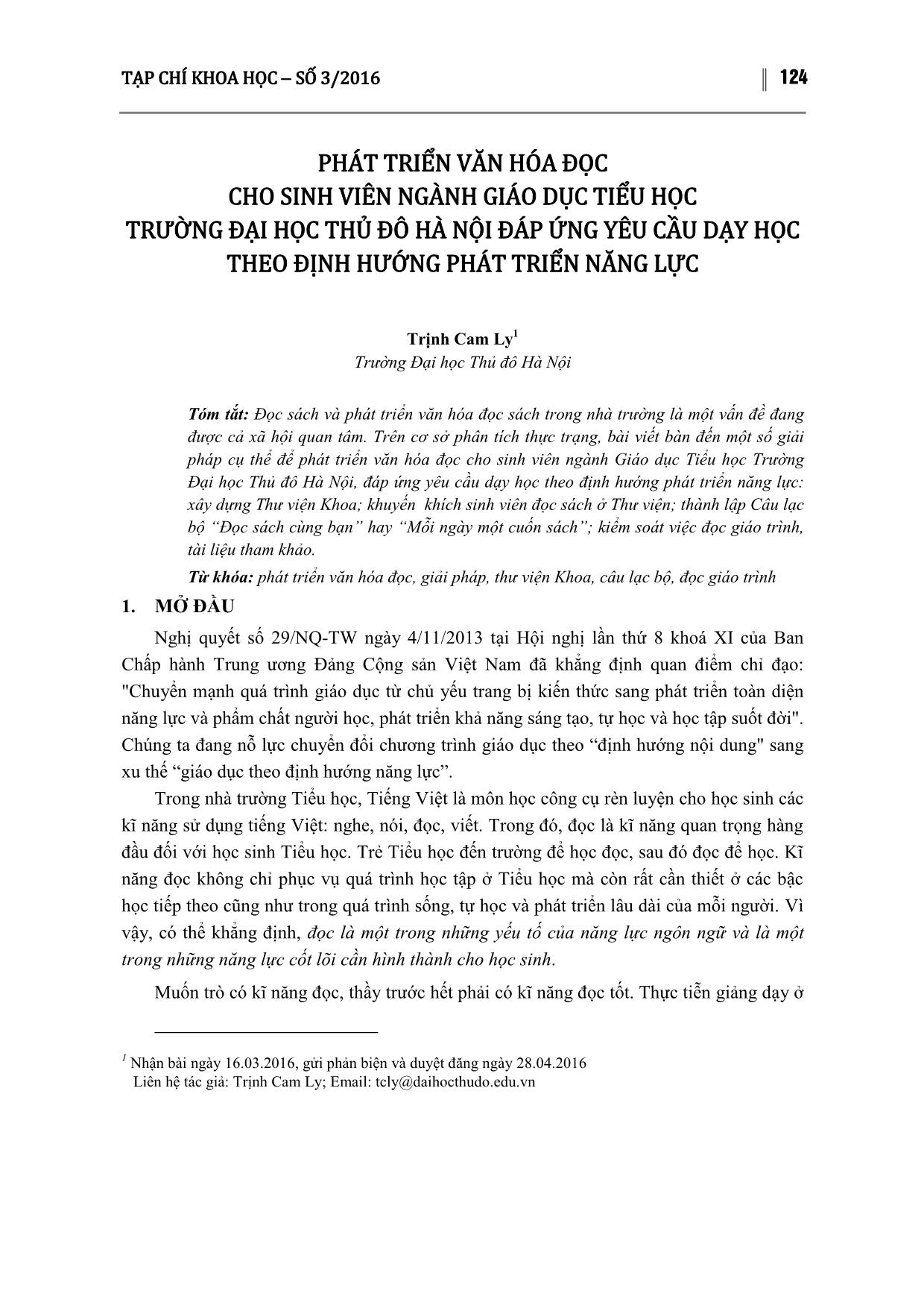 Phát triển văn hóa đọc cho sinh viên ngành giáo dục tiểu học trường đại học thủ đô Hà Nội đáp ứng yêu cầu dạy học theo định hướng phát triển năng lực trang 1